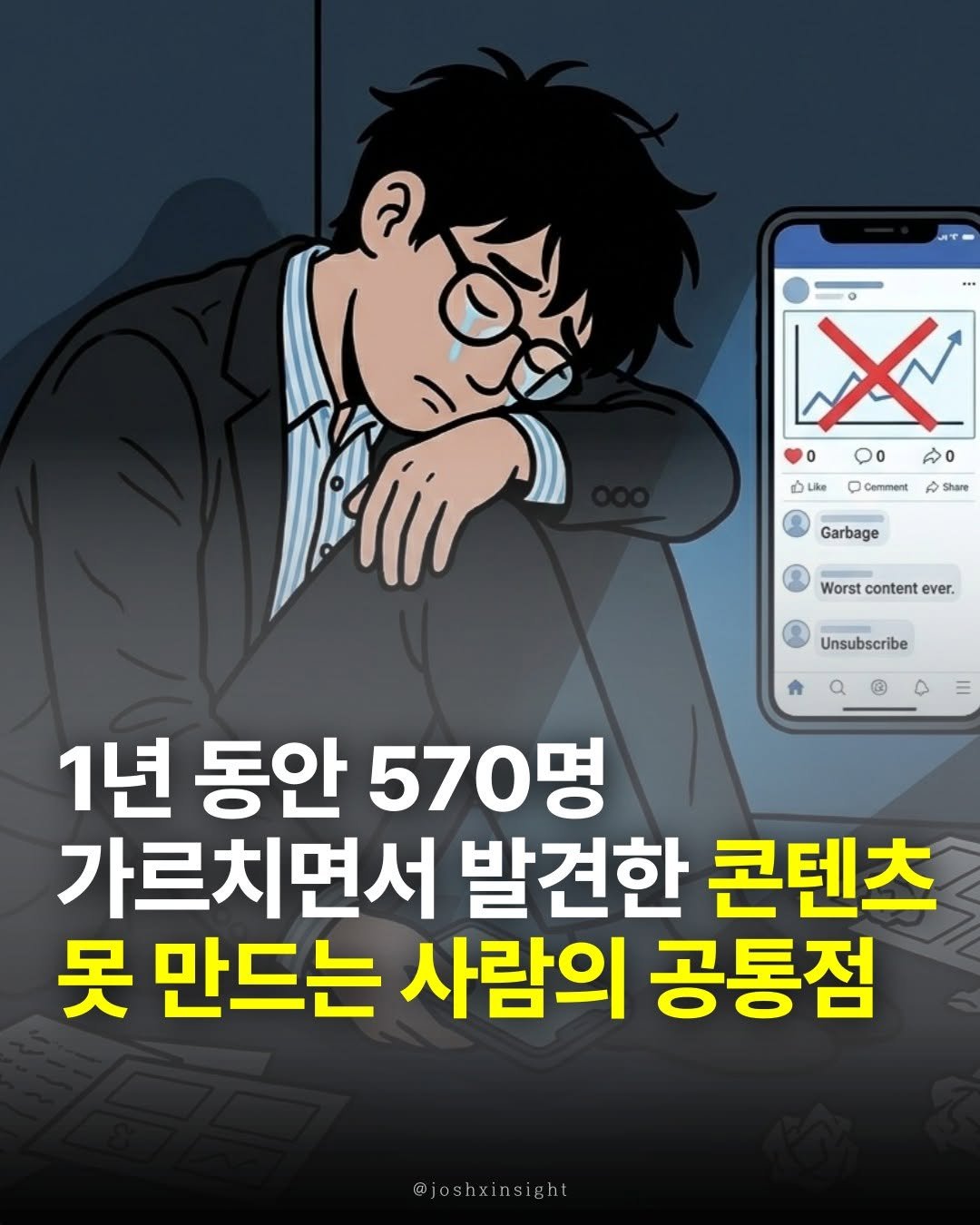 Photo by 조쉬의 SNS 인사이트 on February 08, 2026. May be a cartoon of ‎text that says '‎0 Do A0 ملاة Cemment Share BBT ប៉្ន حم Garbage Worst content Worstcontentever. Worstcontente ever. Unsubscribe 1년 동안 570명 가르치면서 발견한 콘텐츠 못 만드는 사람의 공통점 @joshxinsight‎'‎.