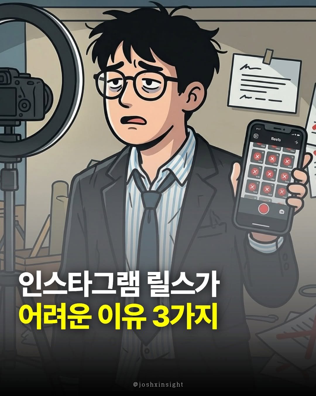 Photo by 조쉬의 SNS 인사이트 on February 16, 2026. May be an illustration of text that says 'ශරම 皇 G Reets ANUH Ah x x 마 x x 인스타그램 릴스가 어려운 이유 3가지 @joshxinsight igh @josh'.