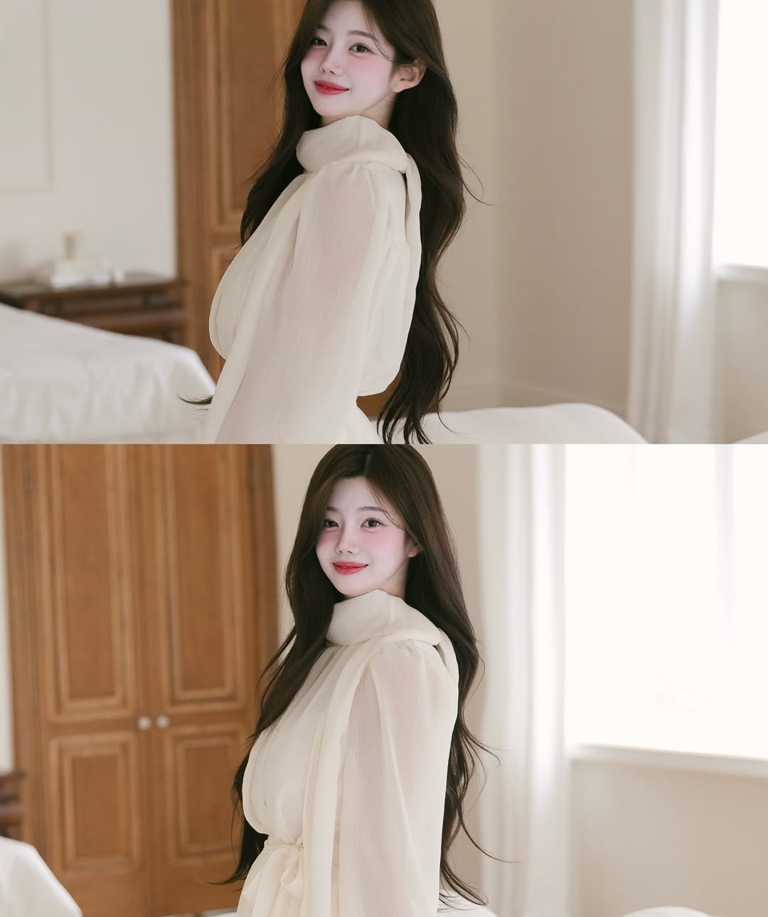 Photo by 강지은 on February 06, 2026. May be an image of one or more people, hair, sleepwear, top, dress and text.