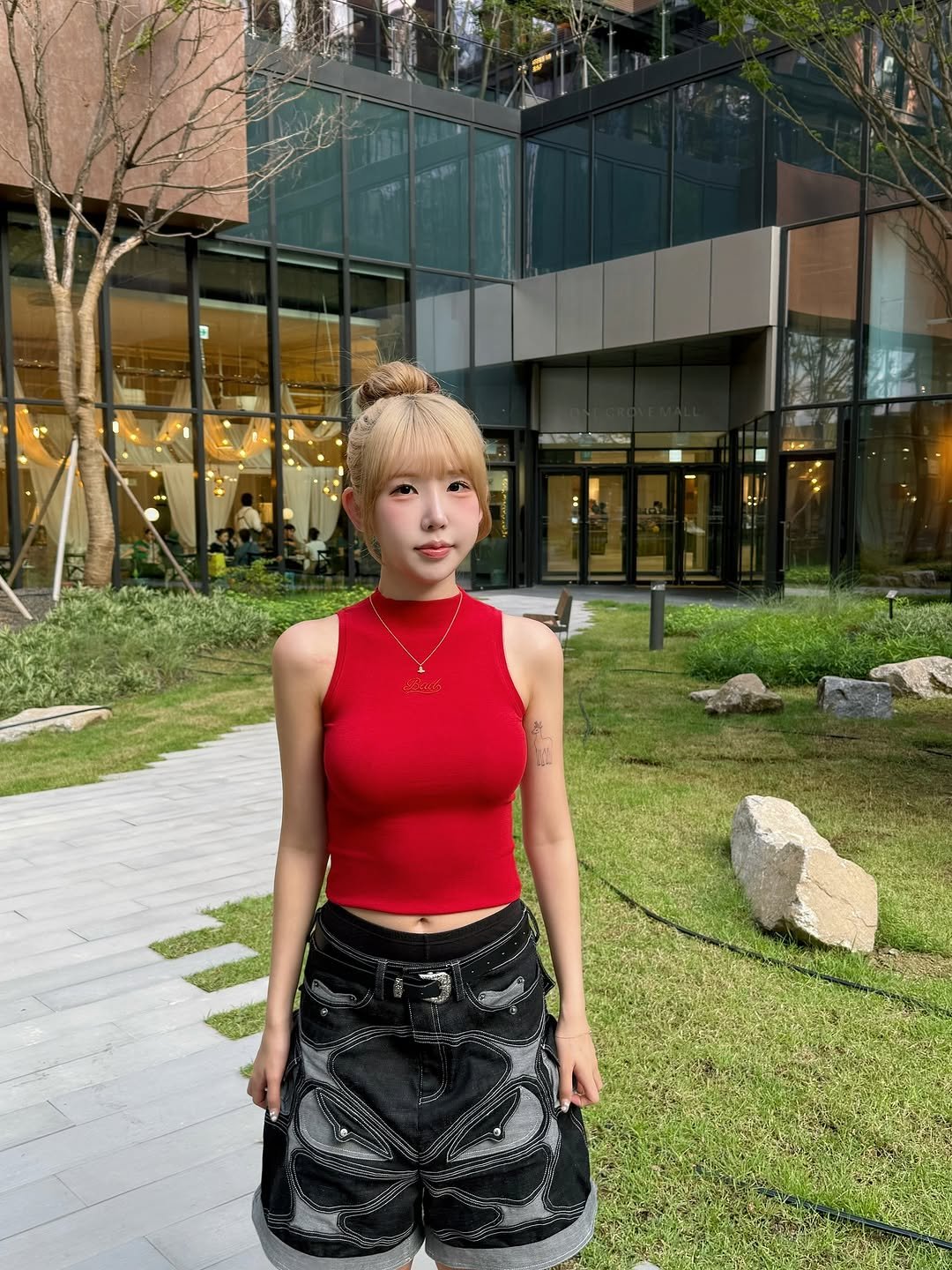 Photo shared by 조이서 Joyseo on September 05, 2025 tagging @badblood__official, and @_lalune_official_. May be an image of 1 person, blonde hair, top, shorts, miniskirt and text.