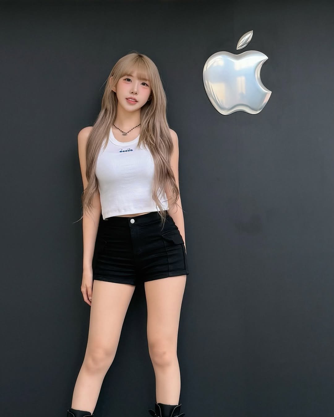 Photo shared by 조이서 Joyseo on June 19, 2025 tagging @apple. May be an image of 1 person, hair, phone, miniskirt, tights, top and text.