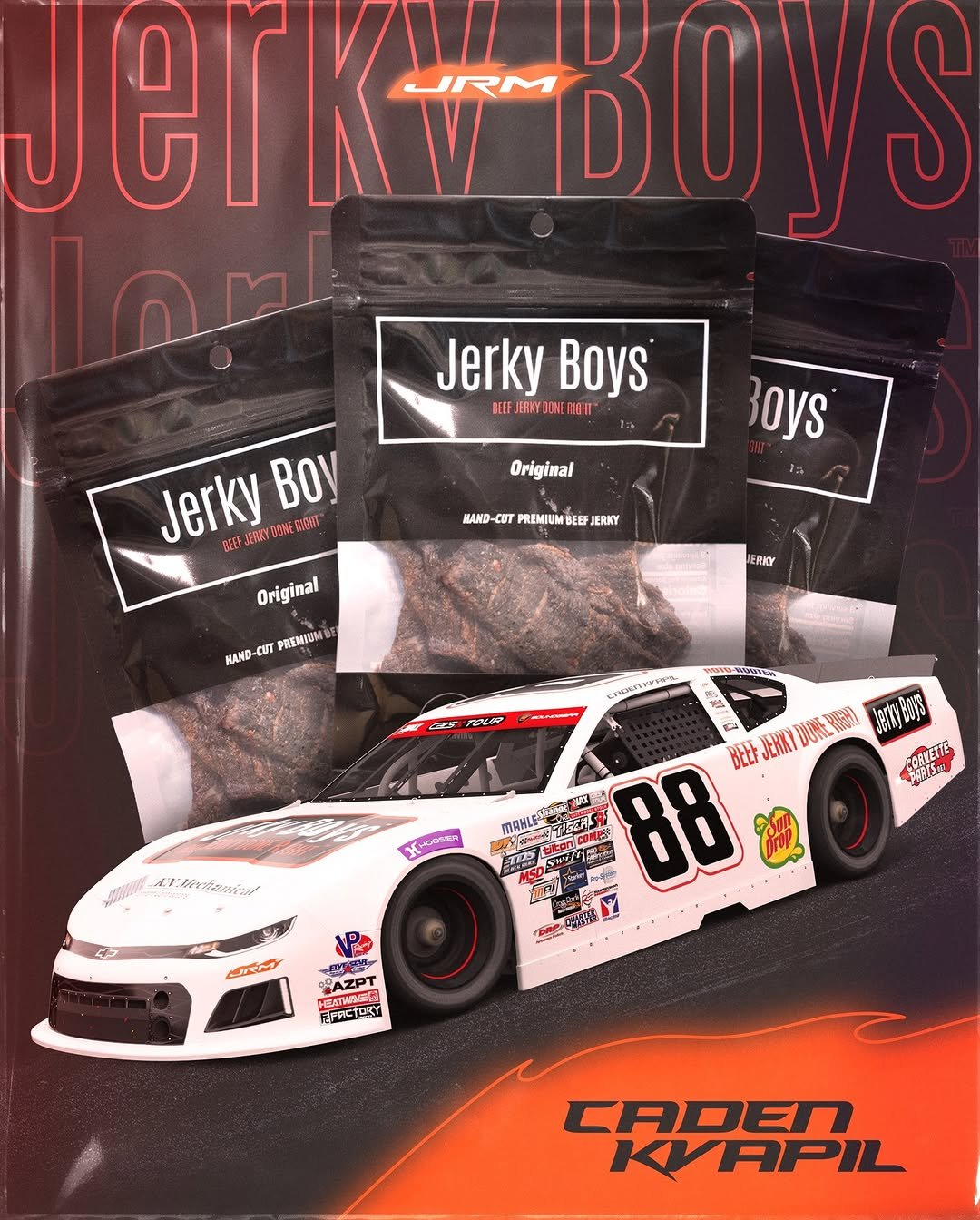 Photo shared by jrmotorsports on February 19, 2026 tagging @cadenkvapil, and @jerkyboysjerky. May be an image of poster and text.