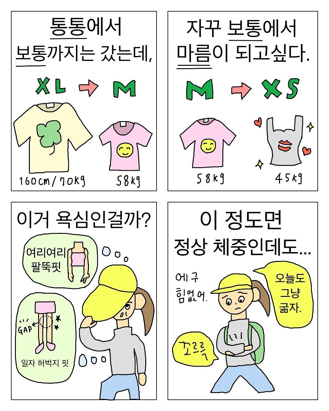 Photo by 주다주 on September 14, 2025. May be a cartoon of text that says '통통에서 보통까지는 갔는데, XL→M M XL 자꾸 보통에서 마름이 되고싶다. M XS 160cm/ 70kg 58kg 58kg 45kg 이거 욕심인걸까? 여리여리 팔뚝핏 이 정도면 정상 체중인데도 에구 힘없어. 오늘도 그냥 굶자. GAP 飛 일자 허벅지핏 포르로'.