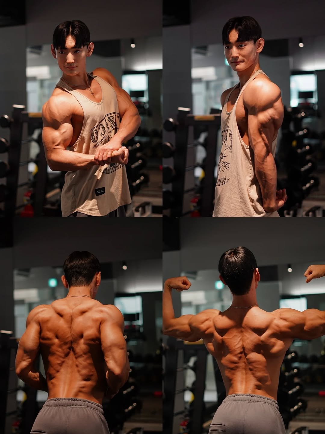 Photo shared by 이주원 on September 28, 2025 tagging @protein_100g, and @motionup_nampodong. May be an image of 4 people, biceps, people bodybuilding and text.