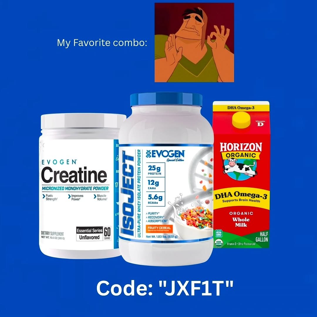 Photo by Julian Fitzgerald on December 06, 2025. May be an image of ‎shaker and ‎text that says '‎My Favorite MyFavoritecombo: combo: DHA Omega-3 D VEVOGEN مااخھ 25g PROTEIM HORIZON ORGANIC EVOGEN Creatine MICRONIZED MONOHYORATEP MICRONIZEDMONDHYORATEPOWDER POWDER Fuels. Srencty! Inproves Ponert Muscie Valume 12g CAAE 5.6g BGAAS E.O虫FHUBNDI יחמויויי RECOVERY ABSORPTIOW' DHA Omega-3 Supports DHAOmega-3 Brain Heafth Essential Series 60 Unflavored FRUITYCEREAL ORGANIC Whole Milk NetW.10 #.1.8m.g ((၁) 是 GALLON 1-ว Code: "JXF1T"‎'‎‎.