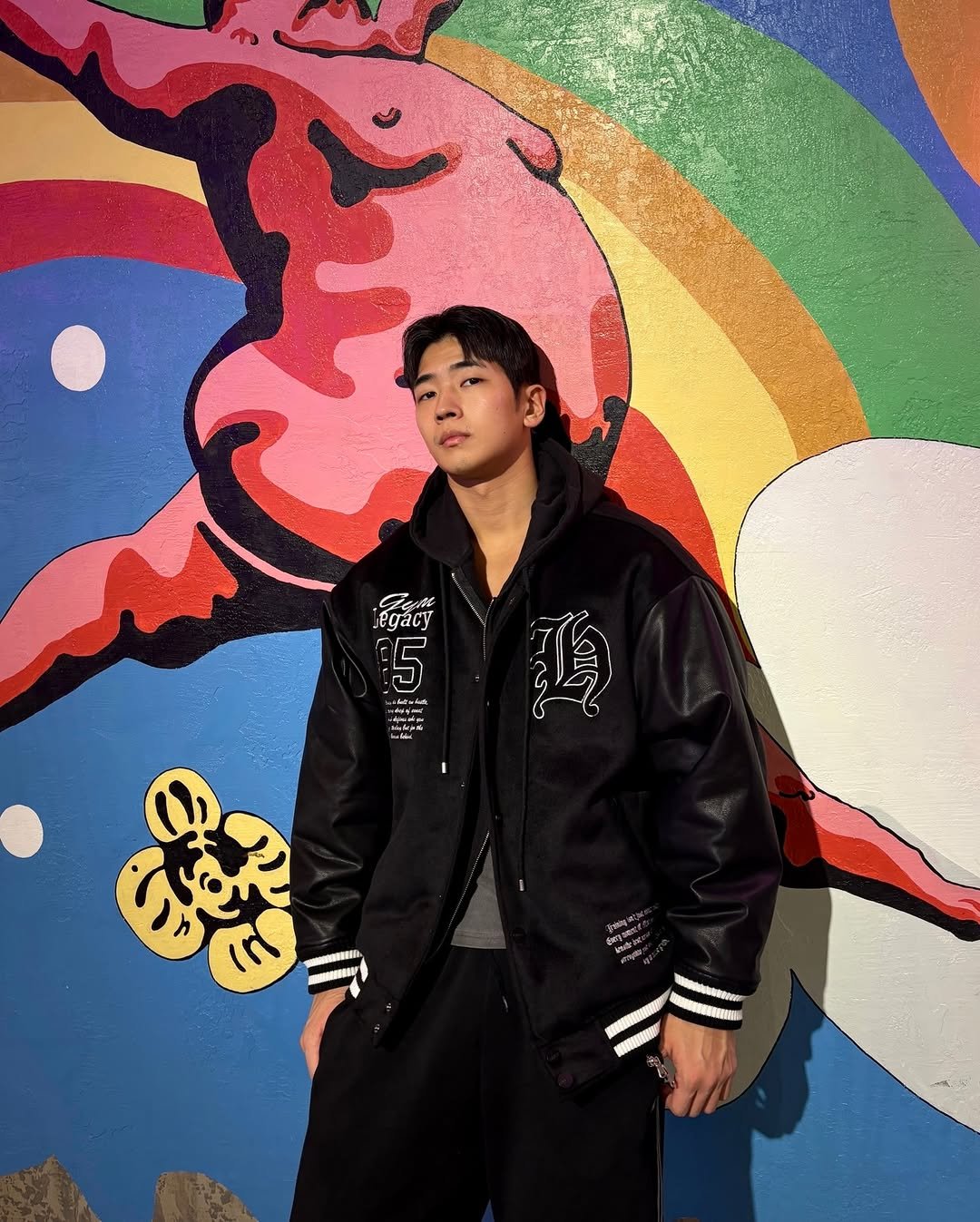 Photo shared by 이준한 on December 03, 2025 tagging @hdex__official. May be an image of duffle coat, flight jacket and text.