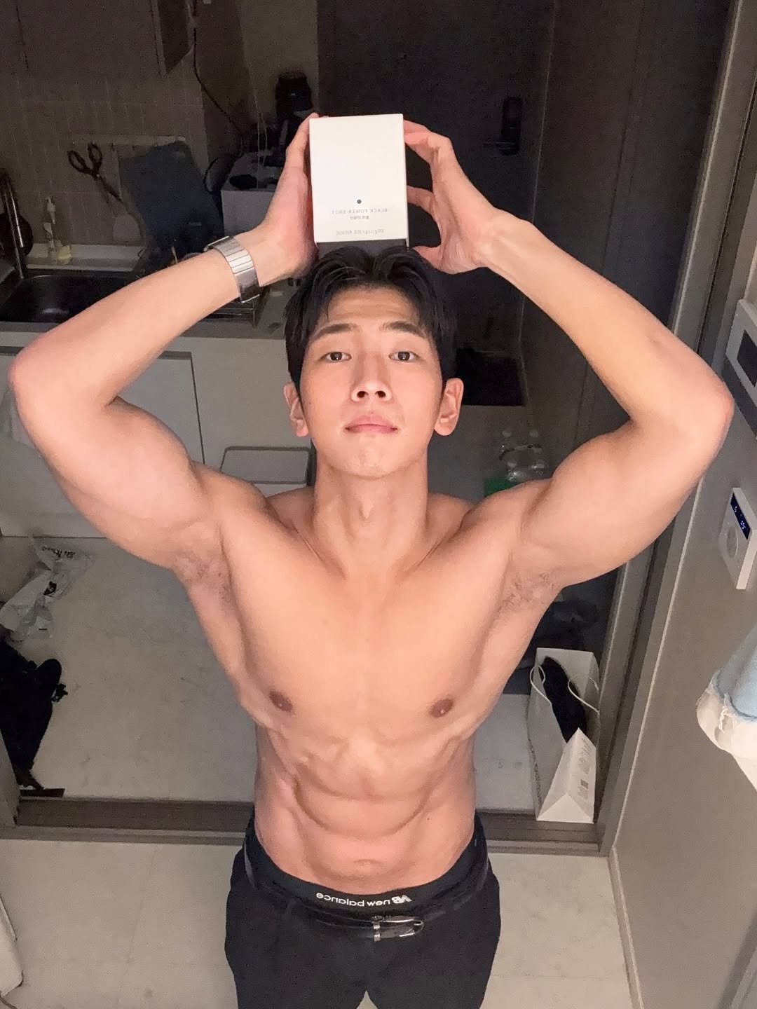Photo shared by 이준한 on November 06, 2025 tagging @jambaekee_official. May be a selfie of one or more people, biceps, people bodybuilding, underwear and text.