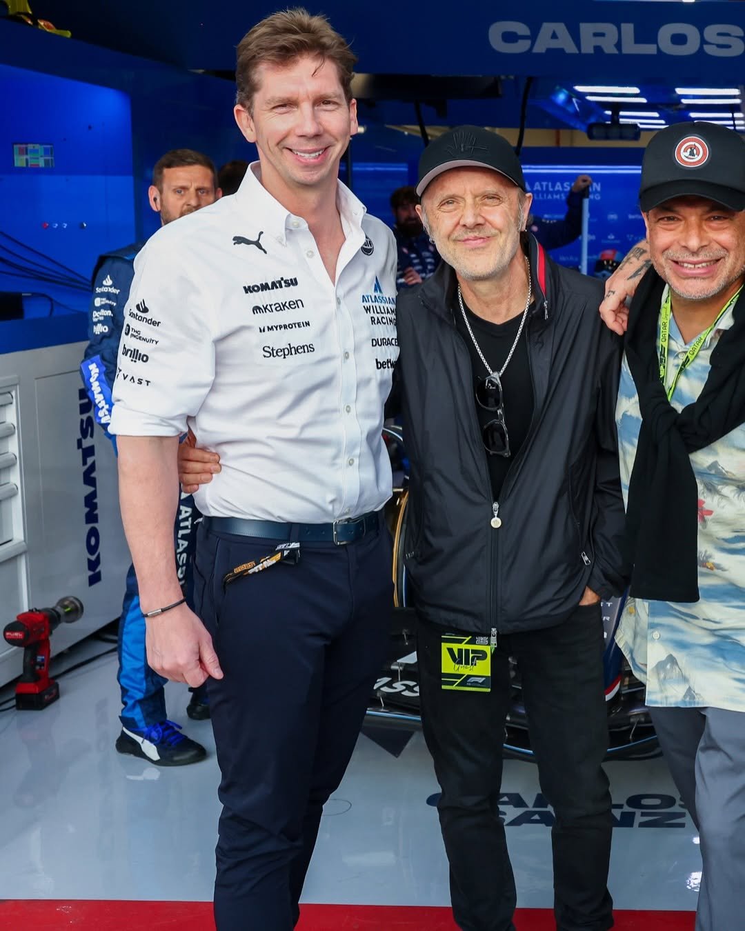 Photo shared by James Vowles on November 30, 2025 tagging @metallica, and @larsulrich. May be an image of racing vehicles and text.