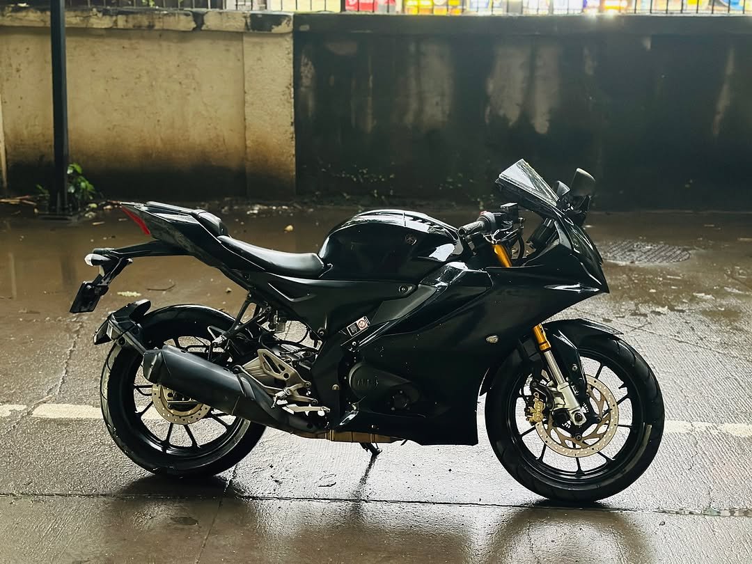 Photo shared by J.Y MOTORS on September 23, 2025 tagging @yamahamotorindia, @r15holic, @thewheelsshow_, @revwithabhi_, @jymotors_happyclients, and @jymotors_mumbra. May be an image of motorcycle, scooter and text.