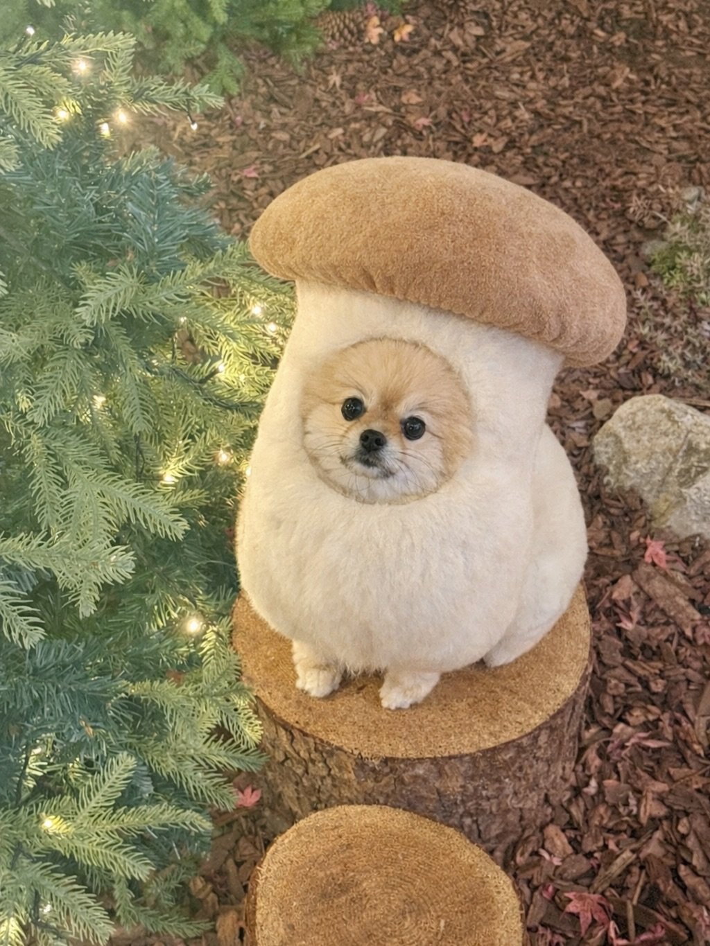 Photo by 김양갱은 못말려 on December 25, 2025. May be an image of Pekinese, footstool, beret and text.