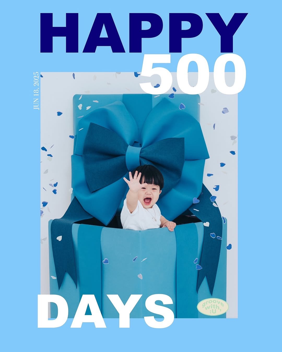 Photo shared by 은총 | 의진이네 🏡 on June 17, 2025 tagging @groovewith.u. May be a graphic of calendar, bow, card, magazine, poster and text that says '2025 8. JUN HAPPY 500 ទម្លង roove 9wwith® :U DAYS'.