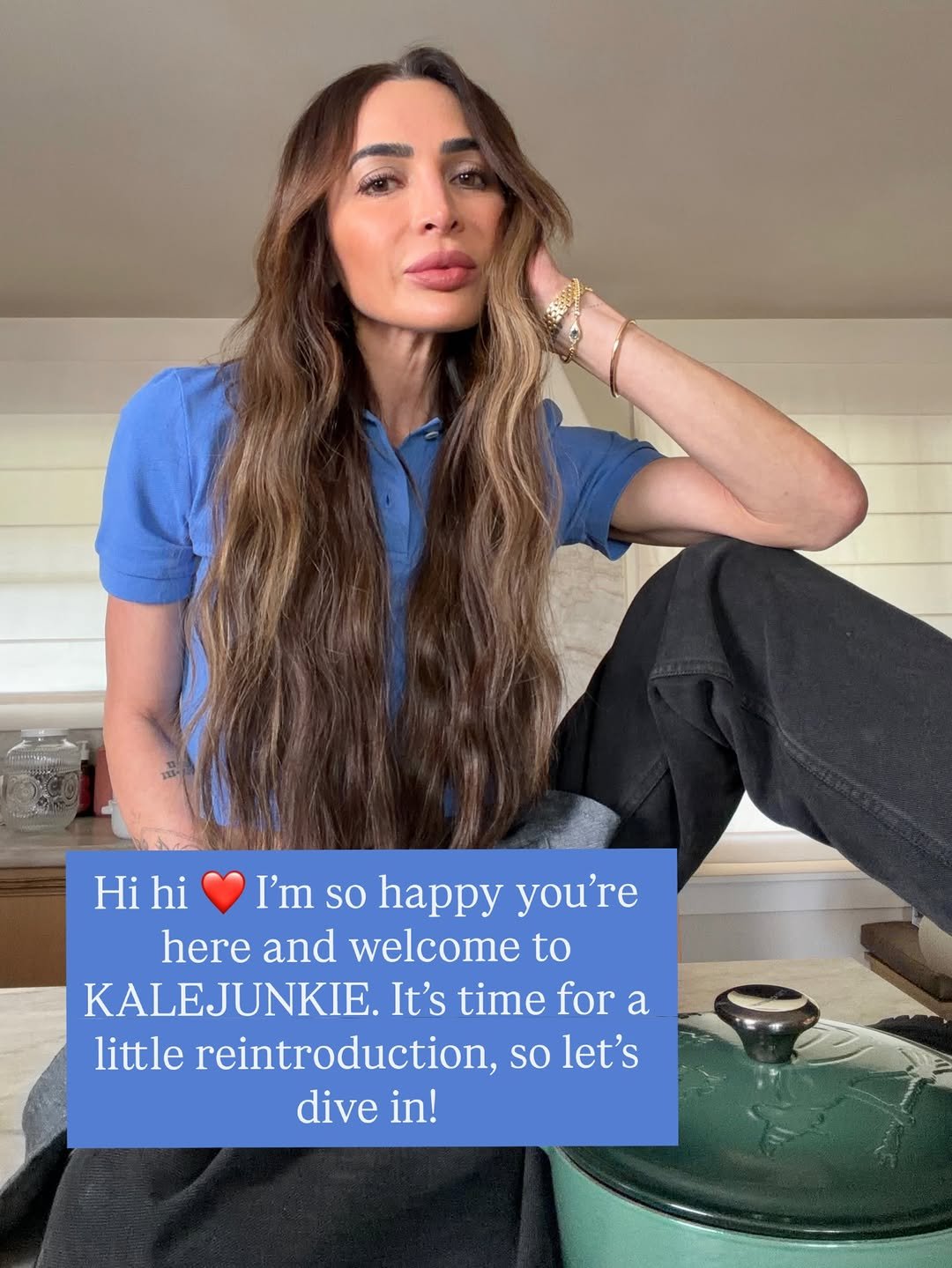 Photo by Nicole Keshishian | KALEJUNKIE® on January 24, 2026. May be a Twitter screenshot of one or more people, long hair, top and text that says 'Hi hi I'm so happy you're here and welcome to KALEJUNKIE. It's time for for a little reintroduction, so lereintroduction,solet let's dive in!'.