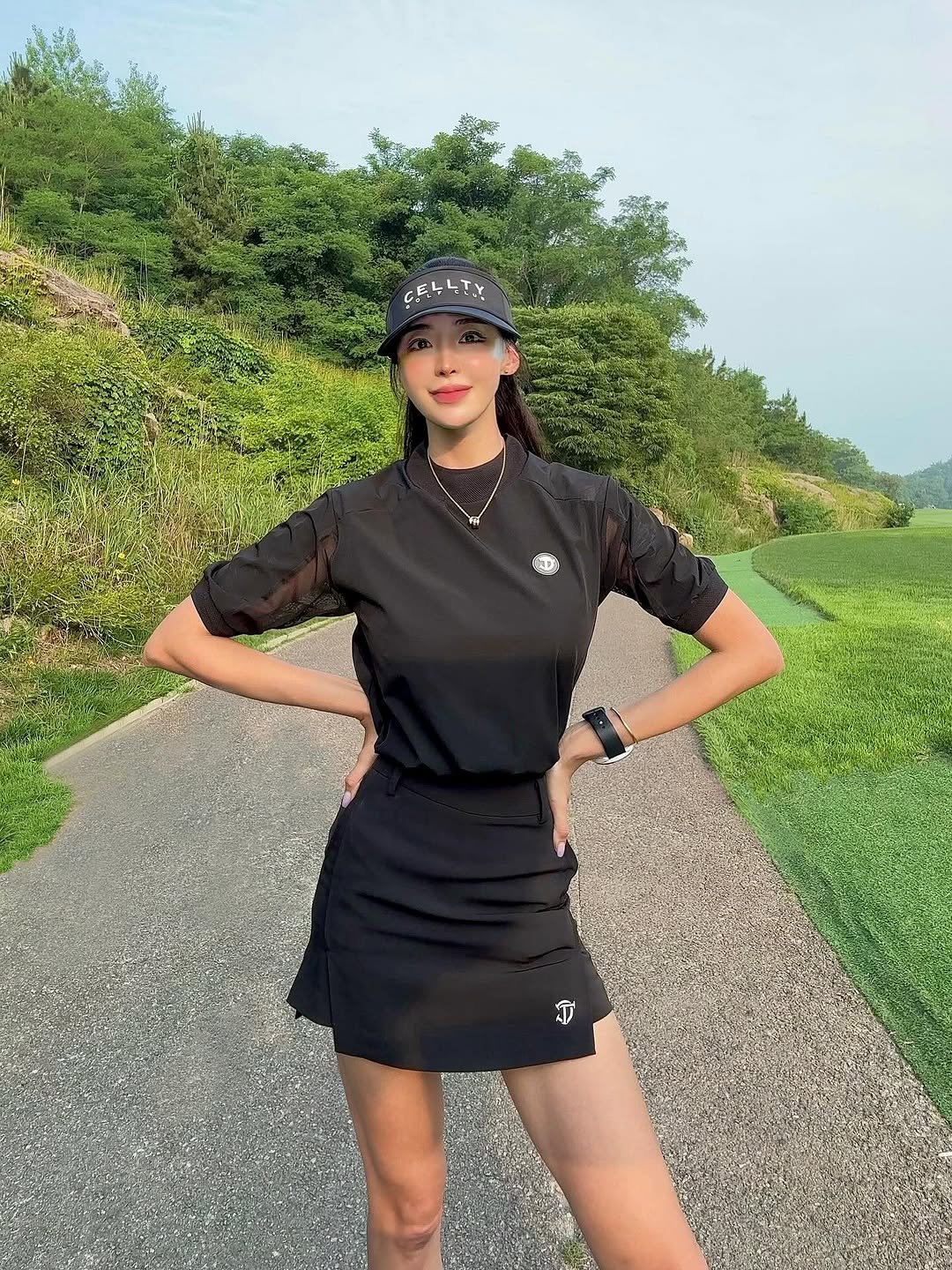 Photo shared by 강예진 on July 04, 2025 tagging @cellty.co.kr. May be an image of 1 person, golfing, miniskirt, sportswear, golf course and text.