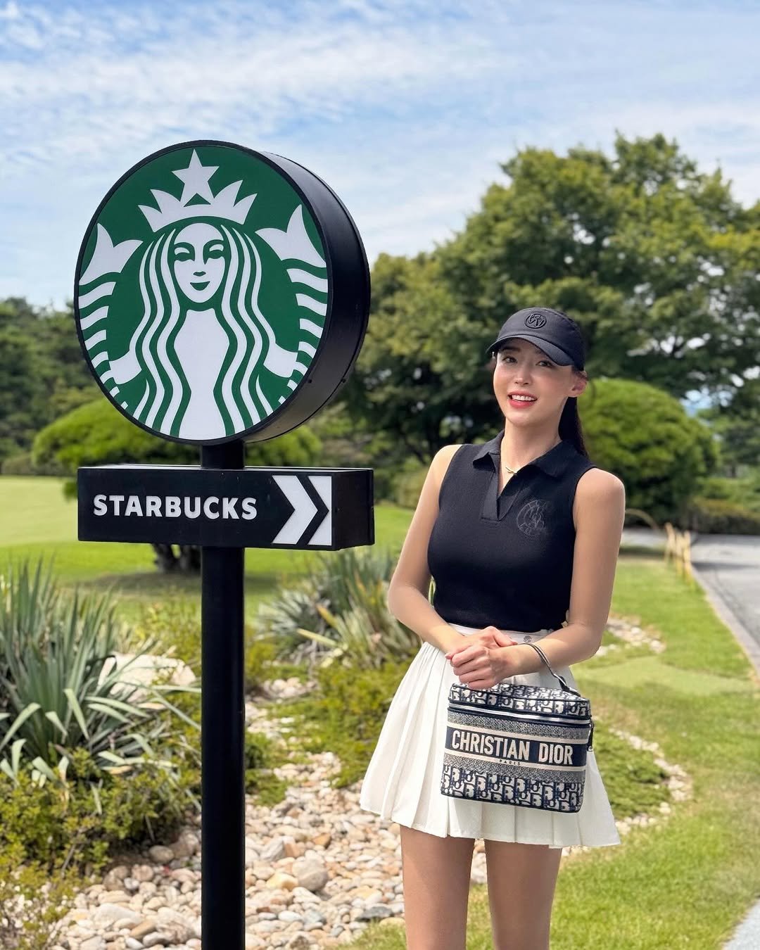 Photo shared by 강예진 on August 08, 2025 tagging @reyeonk. May be an image of 1 person, golfing, miniskirt, golf course and text.