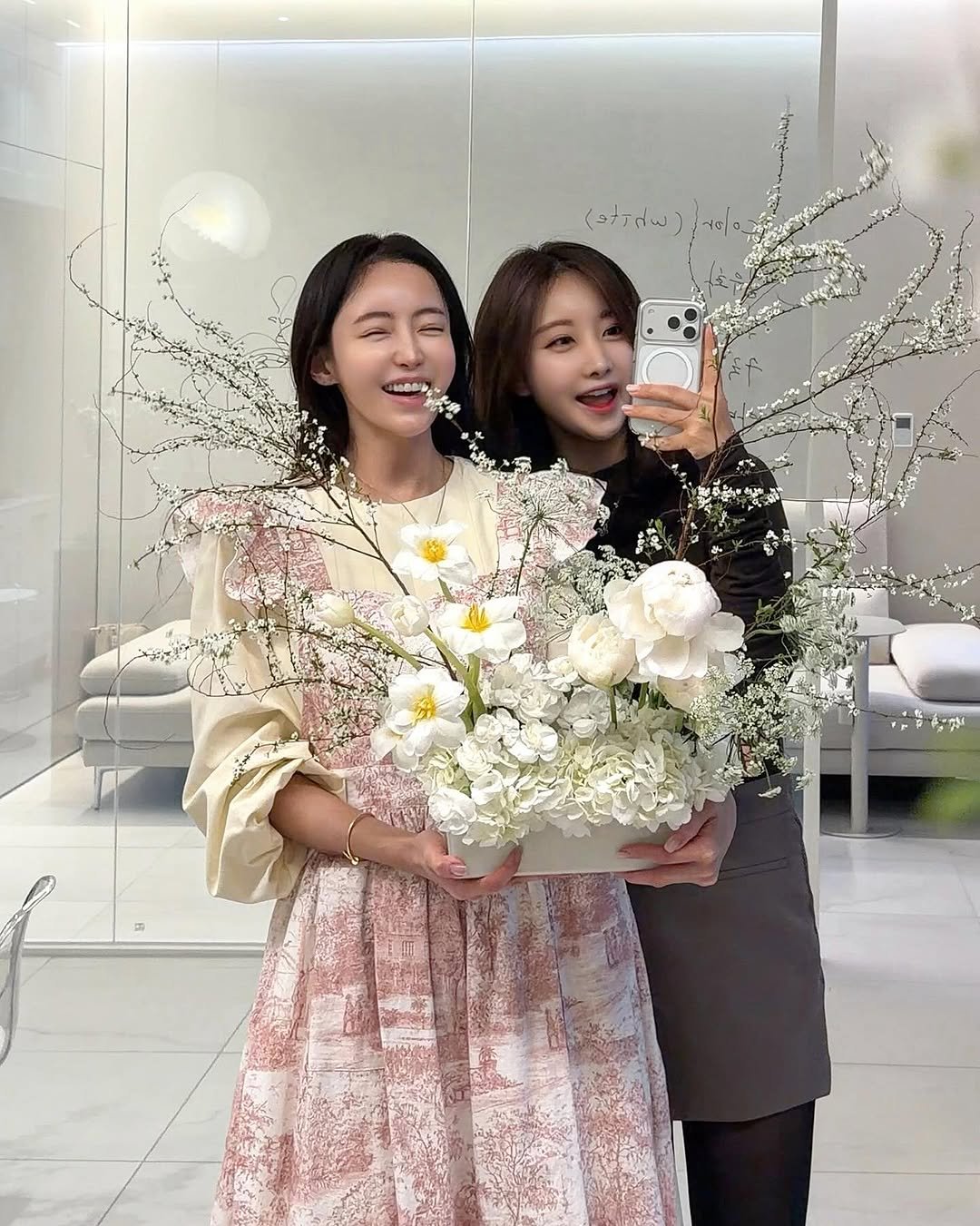 Photo shared by 강예진 on March 28, 2026 tagging @imyouramy_. May be an image of one or more people, flower arrangement, baby's-breath, prairie gentian, white lily and text.