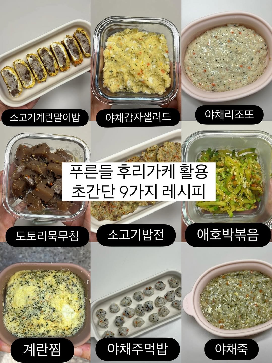 Photo by 강윤맘❤️| 육아템추천•아기랑 여행•육아정보(권예진) on February 24, 2026. May be an image of shepherd's pie, bread, pie, kitchenware and text that says '8180 소고기계란말이밥 야채감자샐러드 야채리조또 조또 야채리 푸른들 후리가케 활용 초간단 9가지 레시피 도토리묵무침 소고기밥전 애호박볶음 계란찜 야채주먹밥 야채죽'.