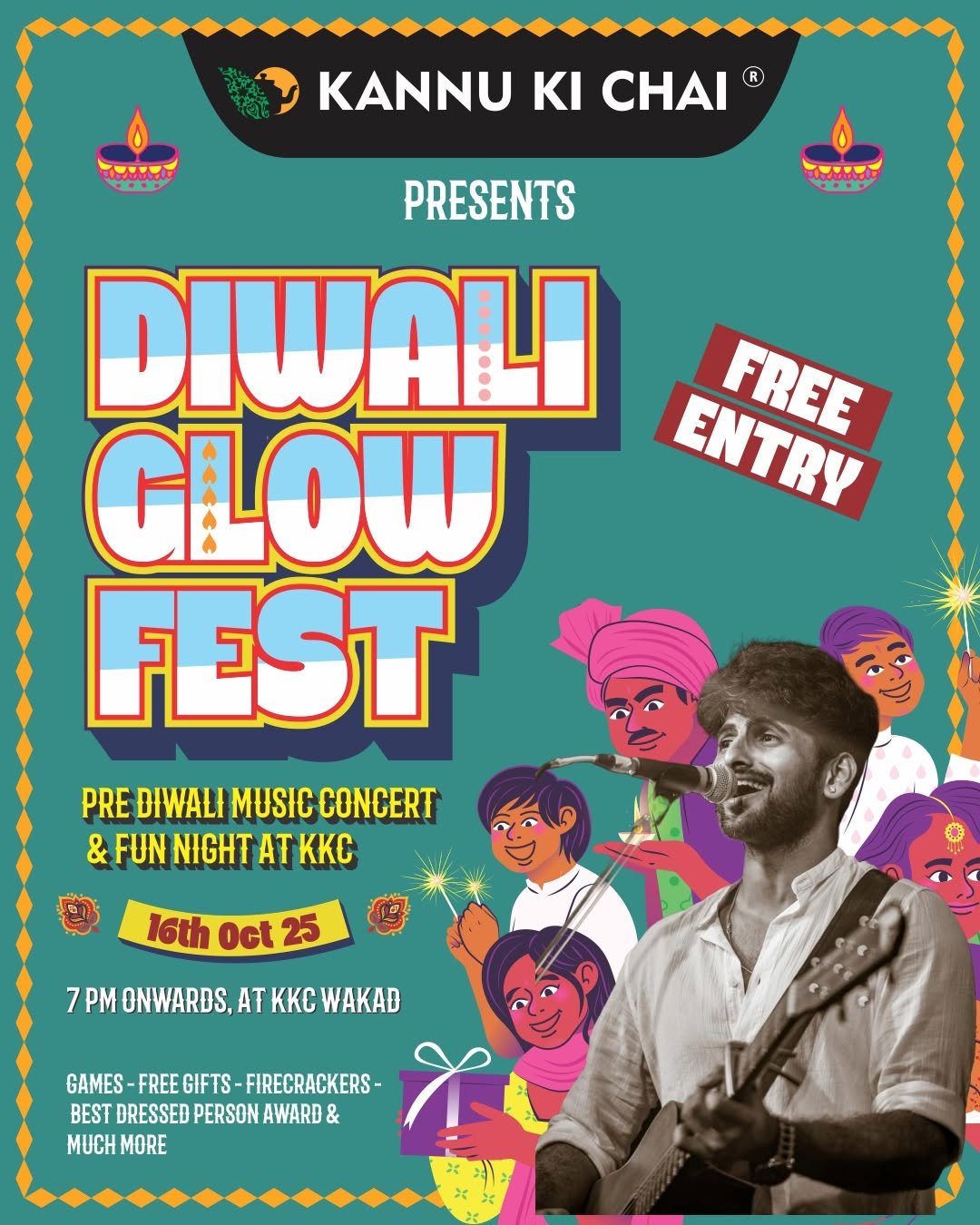 Photo by Kannu Ki Chai (KKC) on October 14, 2025. May be an image of ‎musical instrument, poster, concert and ‎text that says '‎I KANNU KI CHAI R ہد 0 PRESENTS DIWALI GLOW ENTRY FREE FEST PRE DIWALI MUSIC CONCERT & FUN NIGHT AT KKC CH 16th Oct 25 7PM ONWARDS, 7PMONWARDS.ATKKCWAKAD AT KKC WAKAD GAMES- GAMES-FREEGFTS-FIRECRACKERS- FREEGIFTS FREE GIFTS -FIRECRACKERS- BEST BESTBRESSEDPERSONAWARD& & DRESSED PERSON AWARD MUCH MORE 폐고‎'‎‎.