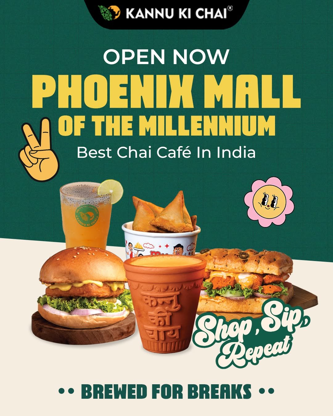 Photo by Kannu Ki Chai (KKC) on December 06, 2025. May be an image of sandwich, tea, poster and text that says 'KANNU CHAI OPEN NOW ΡΗΘΕΝΙΧ MALL OF THE MILLENNIUM Best Chai Café In India 황0로 कु की चाय Shop ,8 Sip Repeat ·· •BREWED FOR BREAKS.•'.