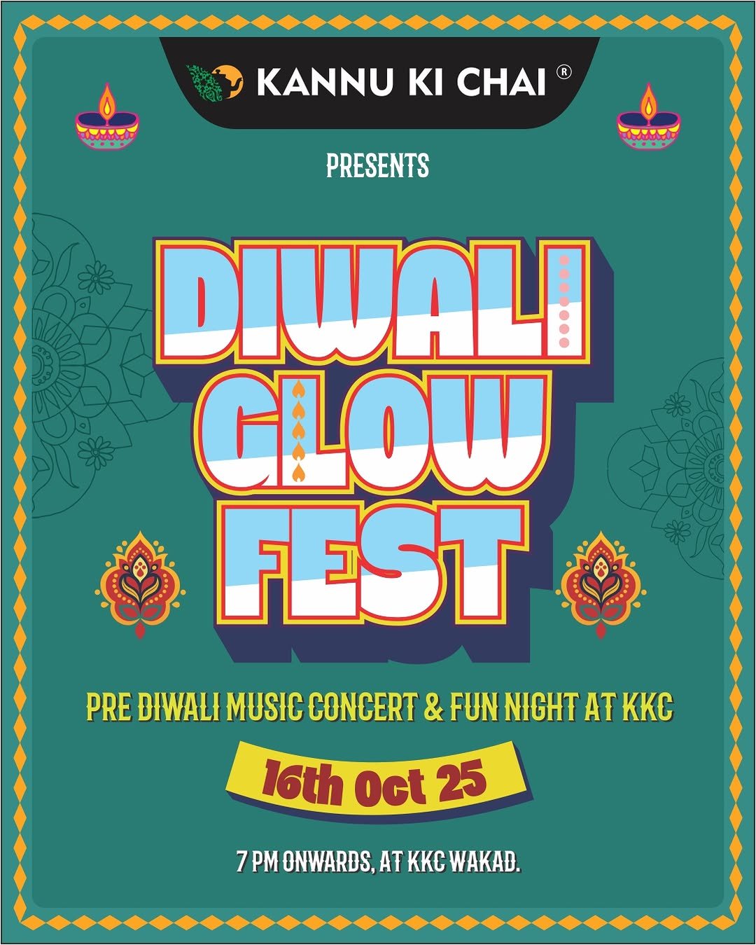 Photo by Kannu Ki Chai (KKC) on October 14, 2025. May be an image of musical instrument, poster, concert and text that says 'M KANNU κι CHAI R PRESENTS ካ. C DIWALI GLOW FEST PRE DIWALI MUSIC CONCERT & FUN NIGHT AT KKC 16th Oct 25 7 PM ONWARDS, AT KKC WAKAD.'.