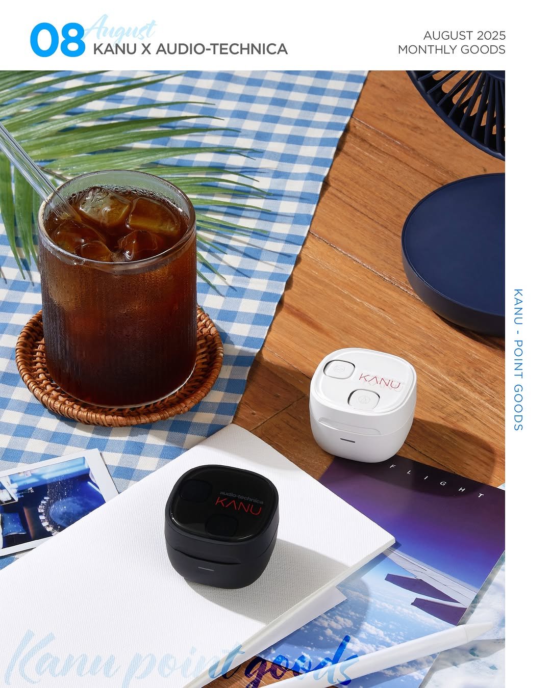 Photo by 카누 공식 인스타그램 on August 18, 2025. May be an image of coffee cup, kitchenware, timer, placemat, thermostat, cornflower and text that says '08 Argust KANU x AUDIO-TECHNICA AUDIO-T AUGUST AUGUST2025 2025 MONTHLY MONTHLYGOODS GOODS A KANU KANU ROINS POINT GOODS KanиpoHa'.