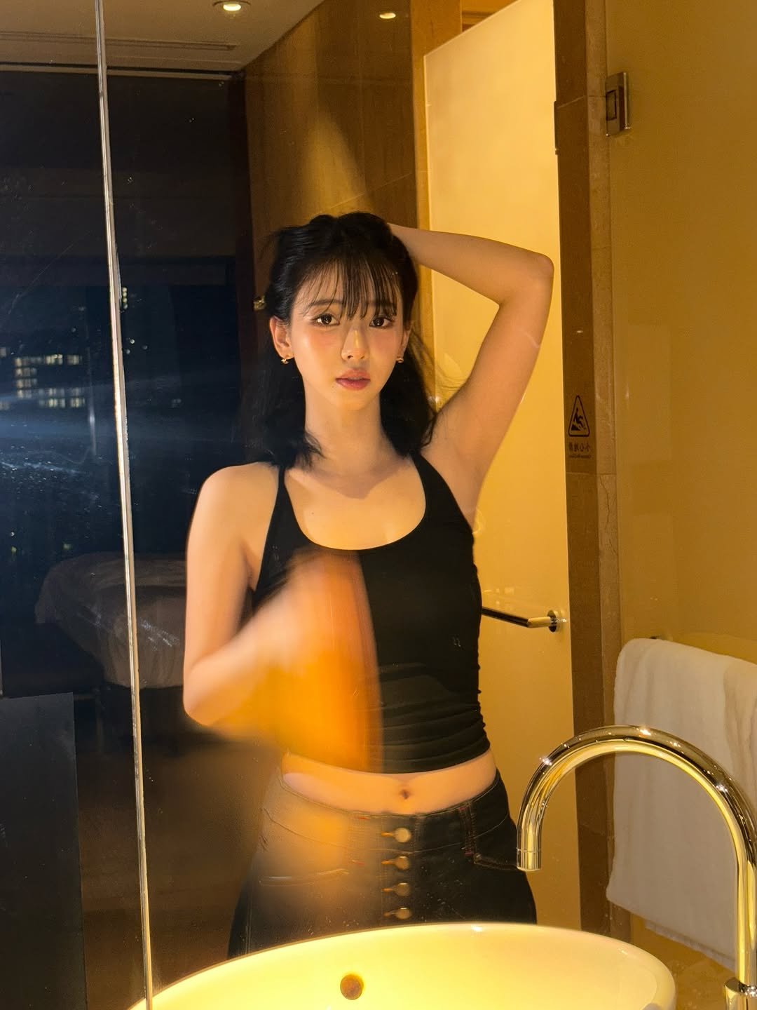 Photo by KARINA on September 27, 2025. May be an image of 1 person, hair, slip, shower, bra, bathtub, mirror and text.