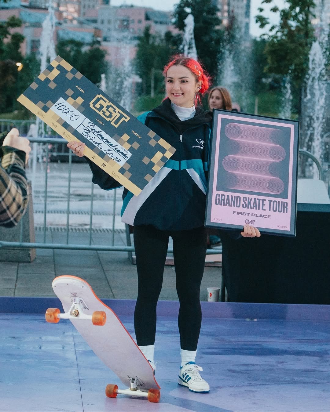 Photo shared by Катя Войнова - это Вдохновение и Лонгборд on August 25, 2025 tagging @pepper_boards, and @grandskatetour. May be an image of 1 person, skateboard, bandanna, headscarf and text.