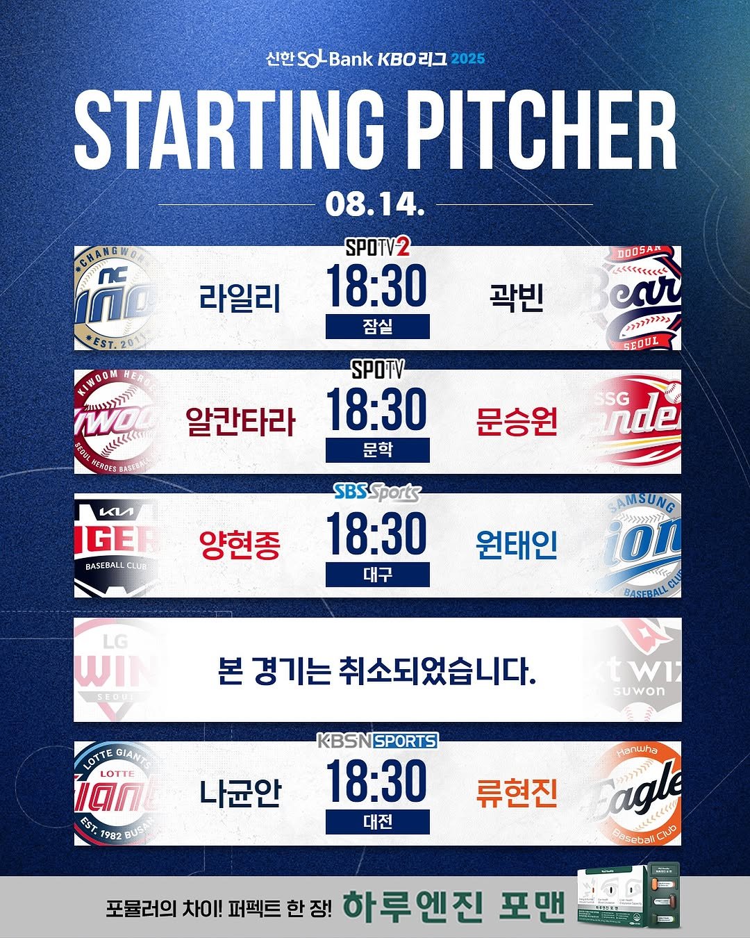 Photo by ⚾ KBO ⚾ on August 14, 2025. May be an image of pitcher and text that says '신한 신한solBankkBO리그 신한.O so Bank KBo 2025 STARTING PITCHER -08.14. SPOTV2 18:30 잠실 CRANGWOR EST.201 라일리 DOOSAR たたくなく八くくんんぐ car እንንንንንንን> SEOUL 곽빈 KOЖOOM HER לכאאחוב mO «< REBSCS BASERAN SPOTV 알간타라 18:30 문학 SG nde 문승원 иr IGEF BASE cLun 양현종 SBSSports 18:30 대구 SAMSUNG ததகരാുீ் on 원태인 LG WIN BASEBALL 본 경기는 취소되었습니다. LOTTE GIANT W1I suwon EST 1982 BUS 나균안 KBSNSPORTS 18:30 대전 Hanuhe agle 류현진 포뮬러의 차이! 퍼펙트 한장! 하루엔진 포맨'.