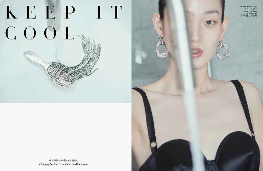 Photo shared by 김신애 on June 30, 2025 tagging @gaffy, @iamhyunjishin, @ohji_xox, and @harpersbazaarkorea. May be an image of 1 person, jewelry, bra, bolo tie, magazine and text.