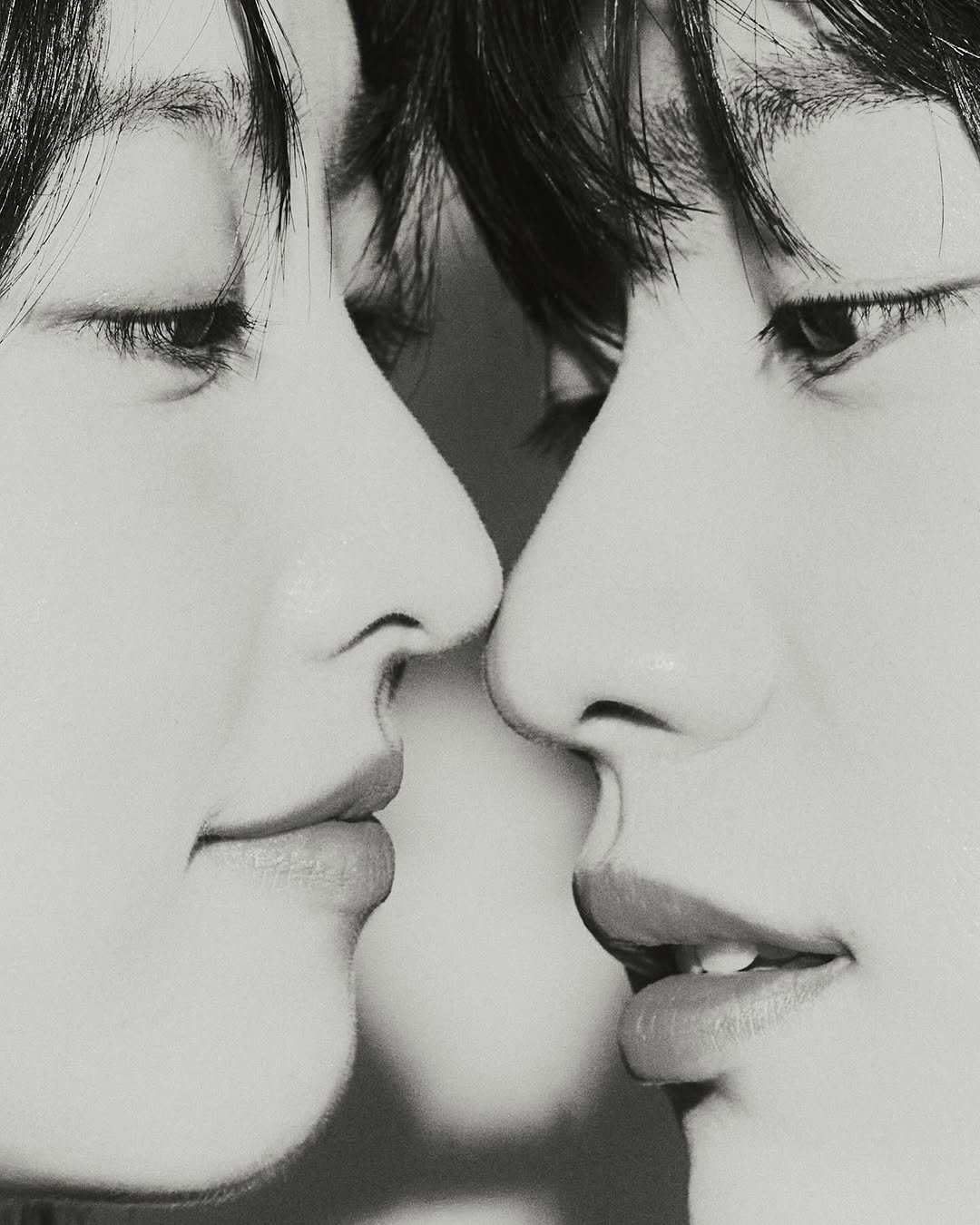 Photo shared by 김신애 on July 29, 2025 tagging @9erri_, @ellekorea, @jinyoung_0922jy, and @boyoung0212_official. May be an image of 1 person, bangs, people kissing and text.