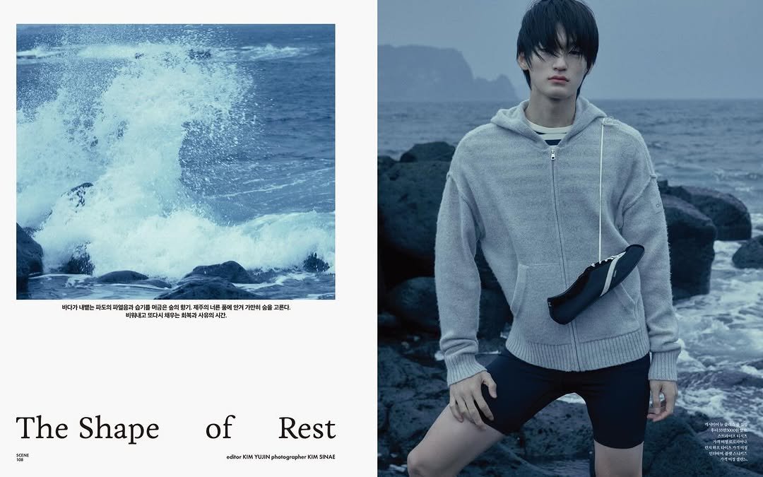 Photo shared by 김신애 on April 10, 2026 tagging @genie.kim__, @m_j108, @chanrans, and @esquire.korea. May be an image of sportswear, top, wetsuit, shorts, poster, magazine and text.