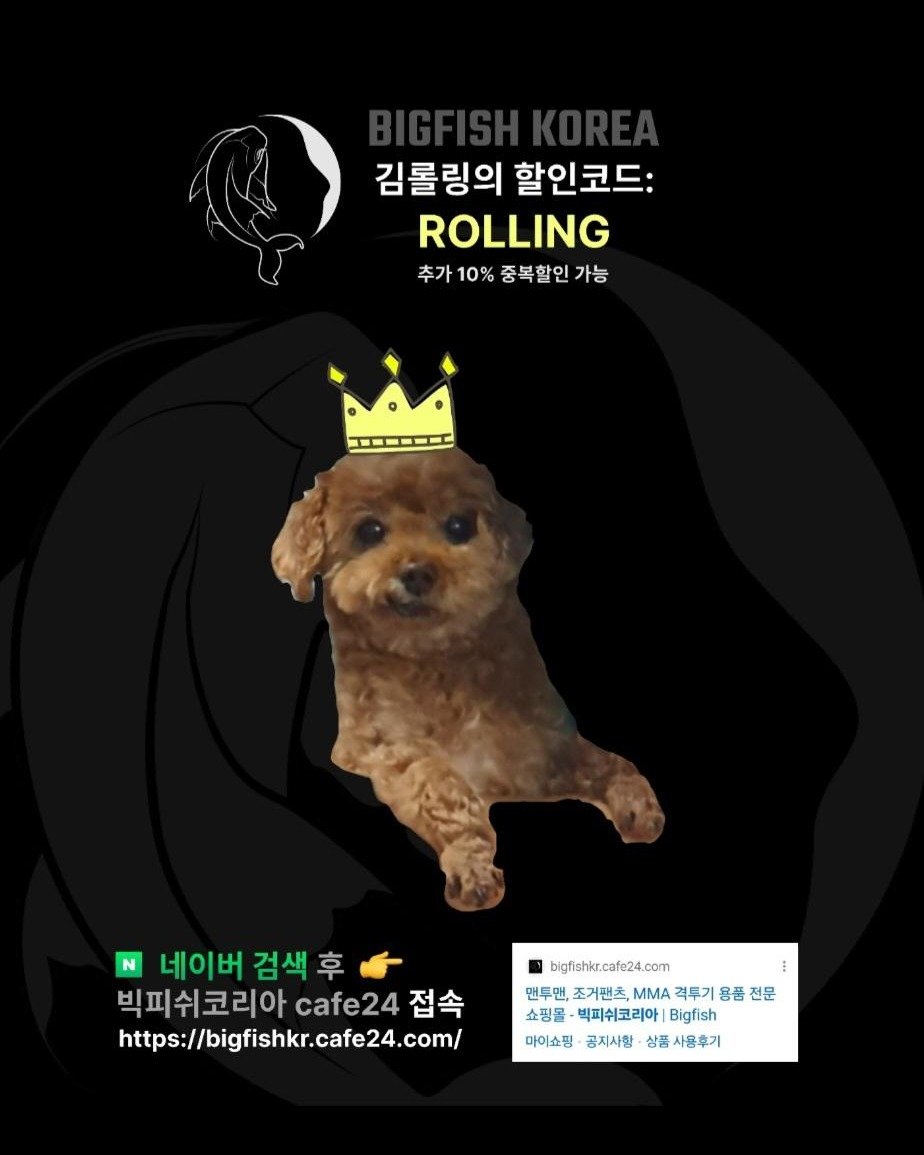 Photo by 김롤링 (Logan R. Kim) on June 15, 2025. May be an image of Pekinese and text that says '김룰링의 김률링의할인코드: 할인코드: ROLLING 추가 10% 중복할인 추가10%중복할인가능 가능 N 네이버 검색 후 빅피쉬코리아 cafe24 빅피쉬코리아cafe24접속 접속 https://bigfishkr.cafe24.com/ bigfishkr. bigfishkr.cafc24.com cafe24 .com 맨두맨, 조거팬츠, 맨두맨,조거팬츠, ΜMA 격투기 용품 전문 쇼핑몰 -빅피쉬코리아 쇼핑몰-백피쉬코리아!! Bigfish 마이소핑 공지사항 상품 사용후기'.