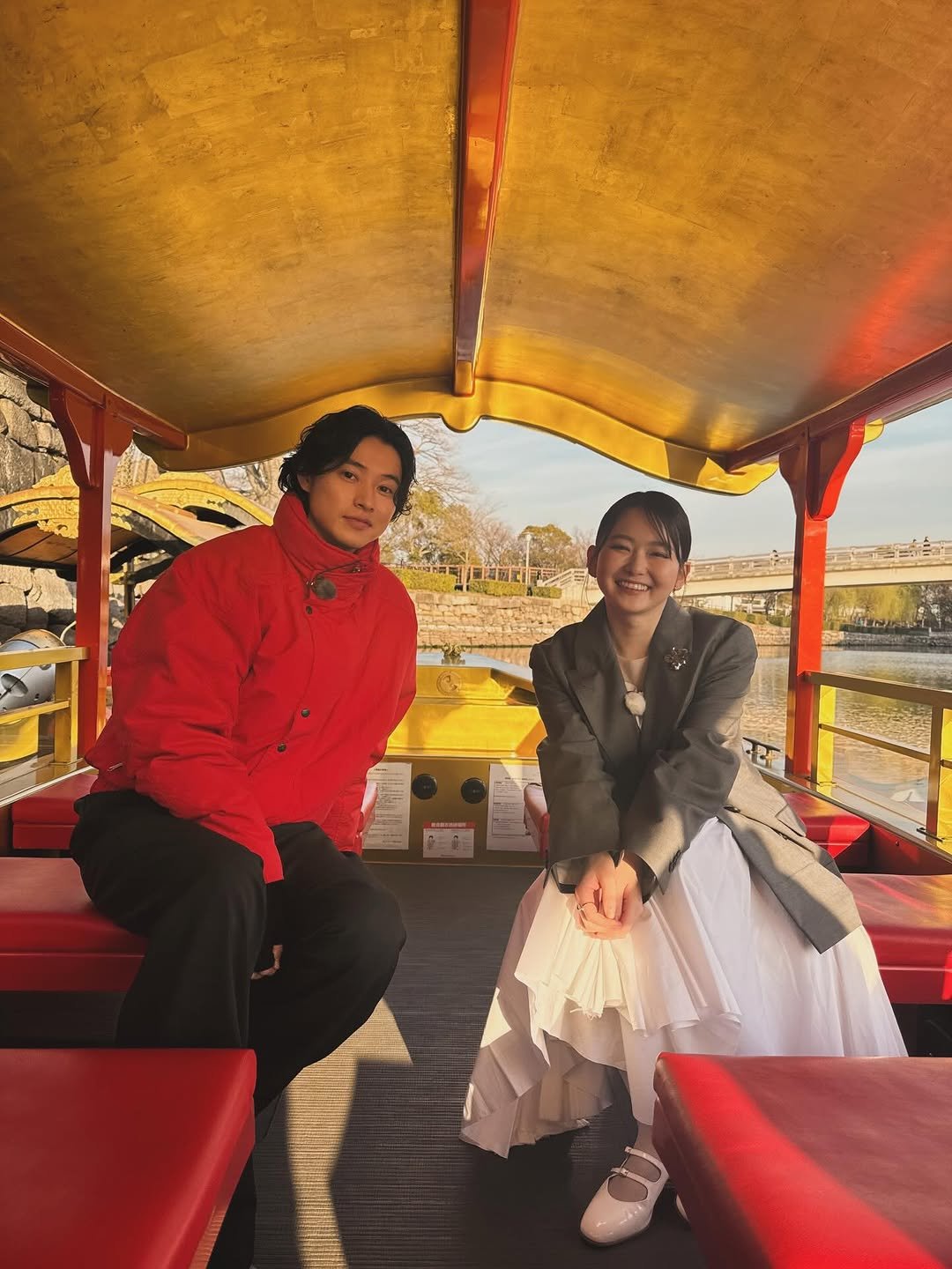 Photo shared by 山﨑賢人 on March 09, 2026 tagging @anna_yamada_. May be an image of riverboat, water wheel and text.