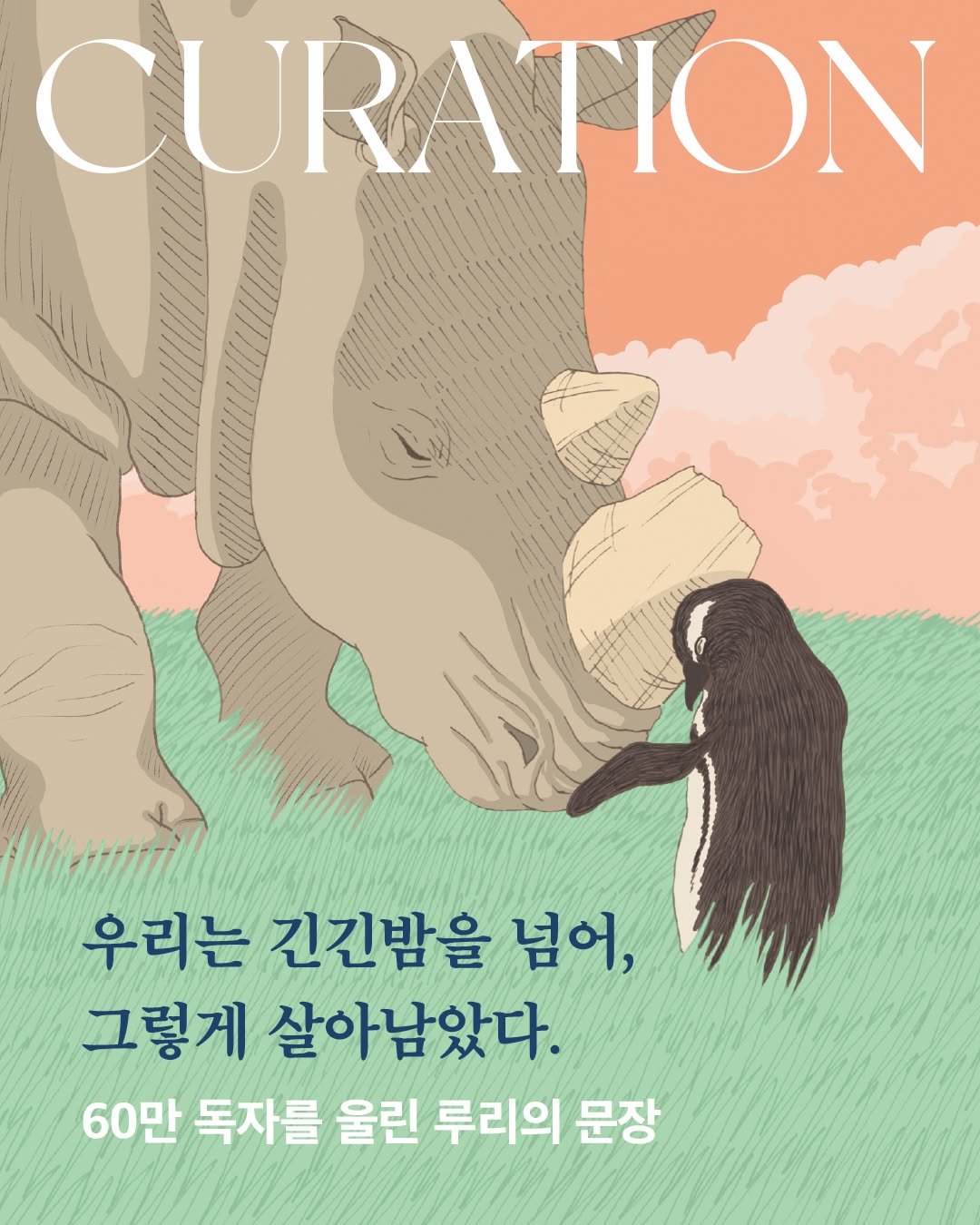 Photo by 문학동네어린이 on December 17, 2025. May be an illustration of poster, book, magazine and text that says 'CURATION HLLIA 우리는 긴긴밤을 넘어, 그렇게 살아남았다. 60만 독자를 울린 루리의 문장'.