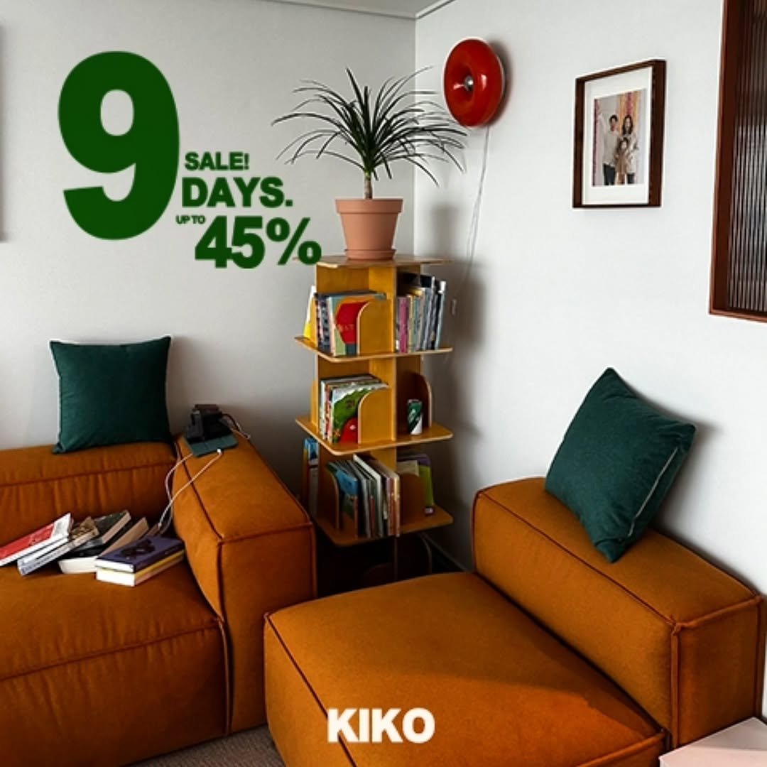 Photo by kikodesign on November 20, 2025. May be an image of sofa, armchair, futon, ottoman, rack, living room and text that says '9 9時 UPTO 45% SALE! DAYS. KIKO'.