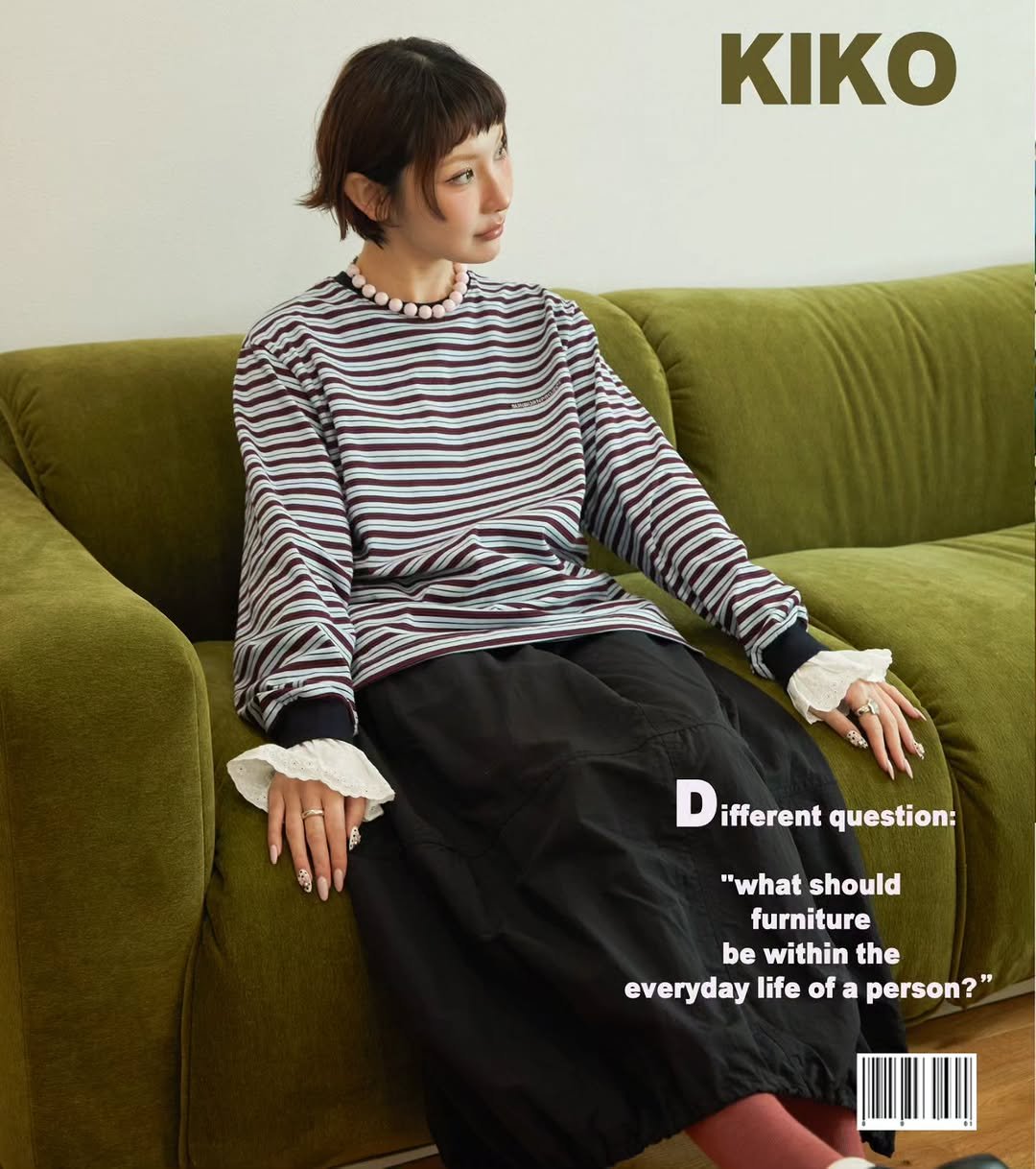 Photo by kikodesign on April 20, 2026. May be an image of one or more people, hair, magazine, top, turtleneck and text that says 'KIKO ផ្នួា D ifferent question: "what should furniture be within the everyday life of a person?"'.