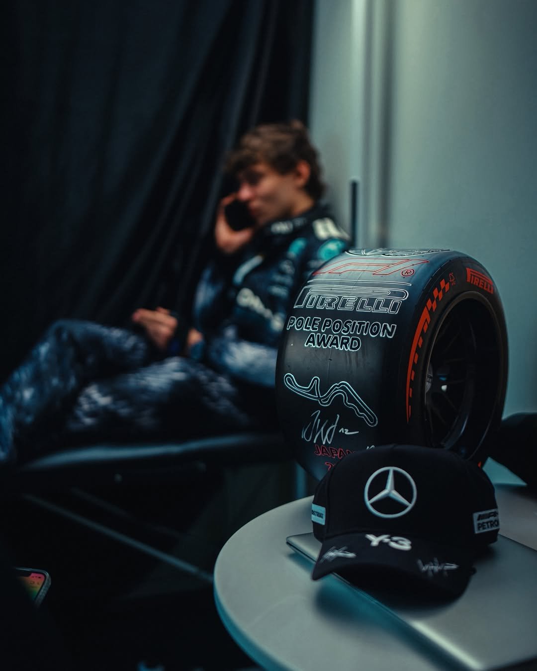 Photo by Andrea Kimi Antonelli on March 28, 2026. May be an image of racing vehicles, race car, helmet and text that says 'ORELLO L POLEPOSITION POLE AWARD'.