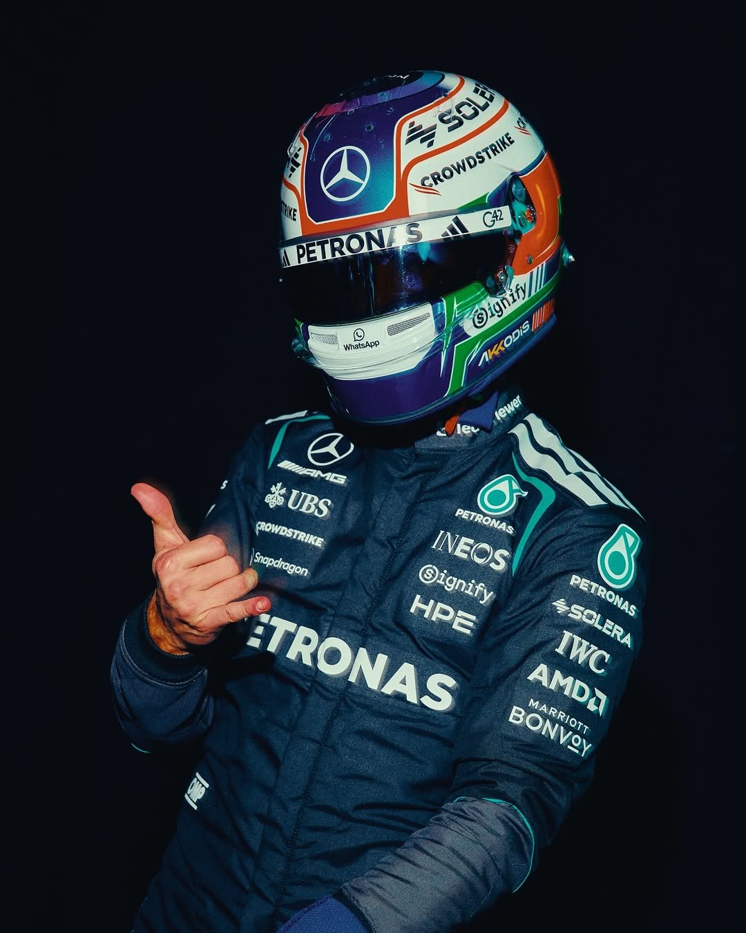 Photo shared by Andrea Kimi Antonelli on January 16, 2026 tagging @adidasmotorsport. May be an image of racing vehicles, race car, helmet and text that says 'SC 前 CROWDSTRIKE 15 CROWDSTRIKE PETRONLS G12 Oignity AKKODIS Ognify ODIS সহাম O พั Ie lewer nBCHAMИ MT PACN 13 ឡ្លាង 料本 UBS CROWDSTRIKE TRIKE PETRONAS Snaparagon INEOS Signify :TRONAS HPE SOLERA PETRONAS PETRONAS IWC ERA BONVOY MARRIOTT AMDA'.