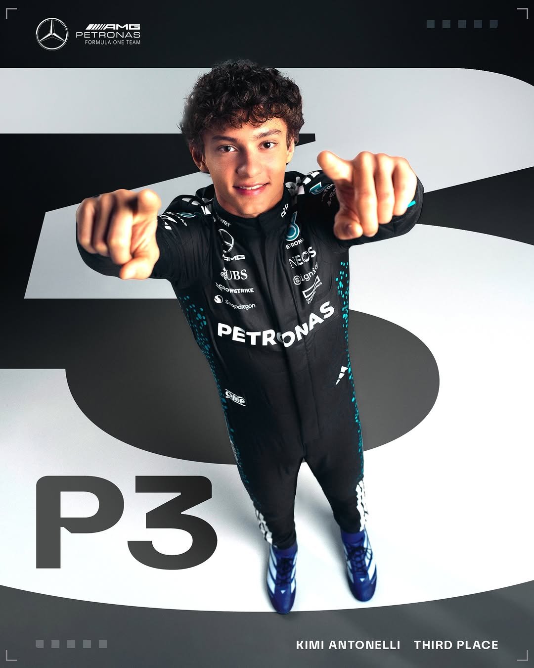 A graphic showing Kimi Antonelli pointing with both hands towards the camera with a big three and P3 behind him.