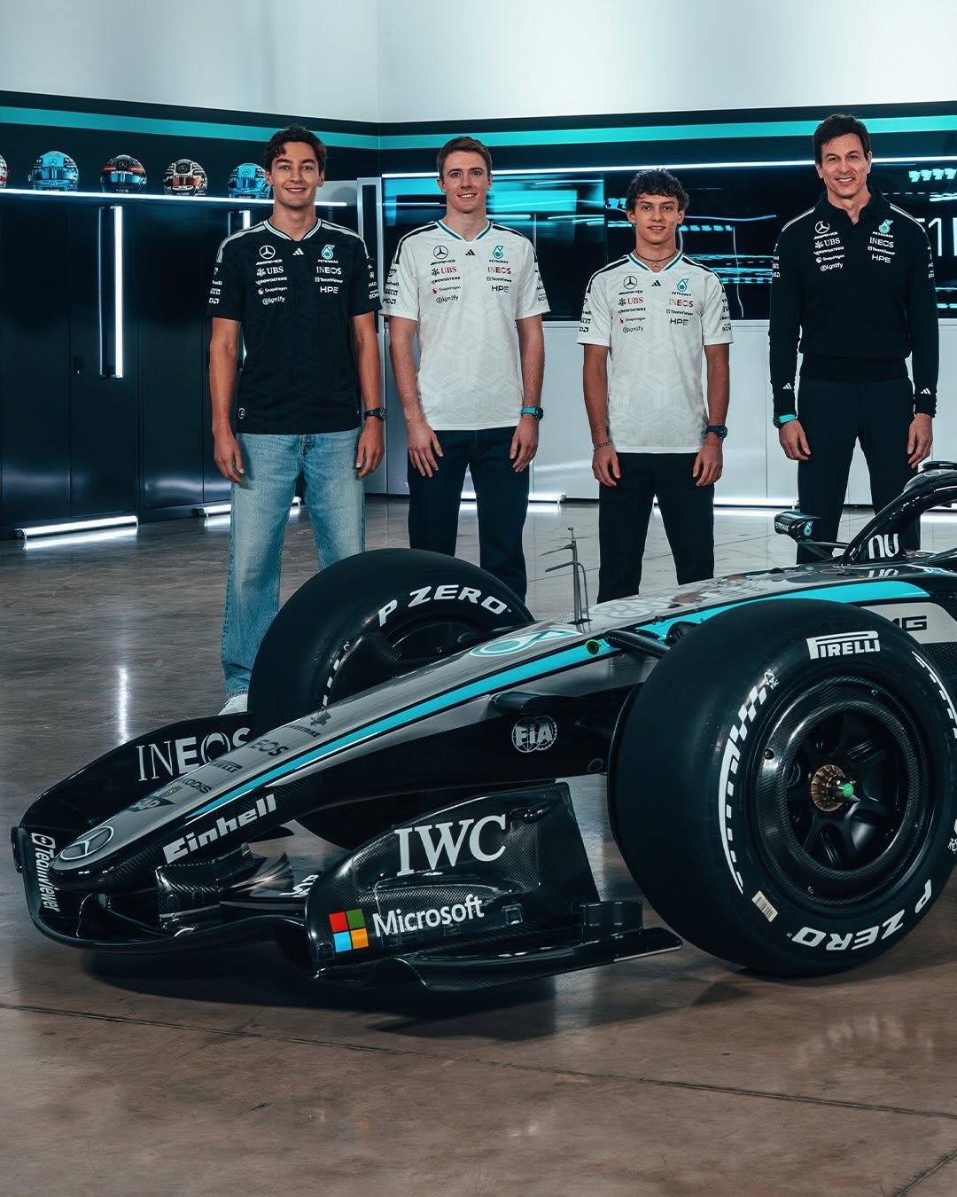 Half of a split image of the W17 and George Russell, Fred Vesti, Kimi Antonelli and Toto Wolff at Mercedes heritage