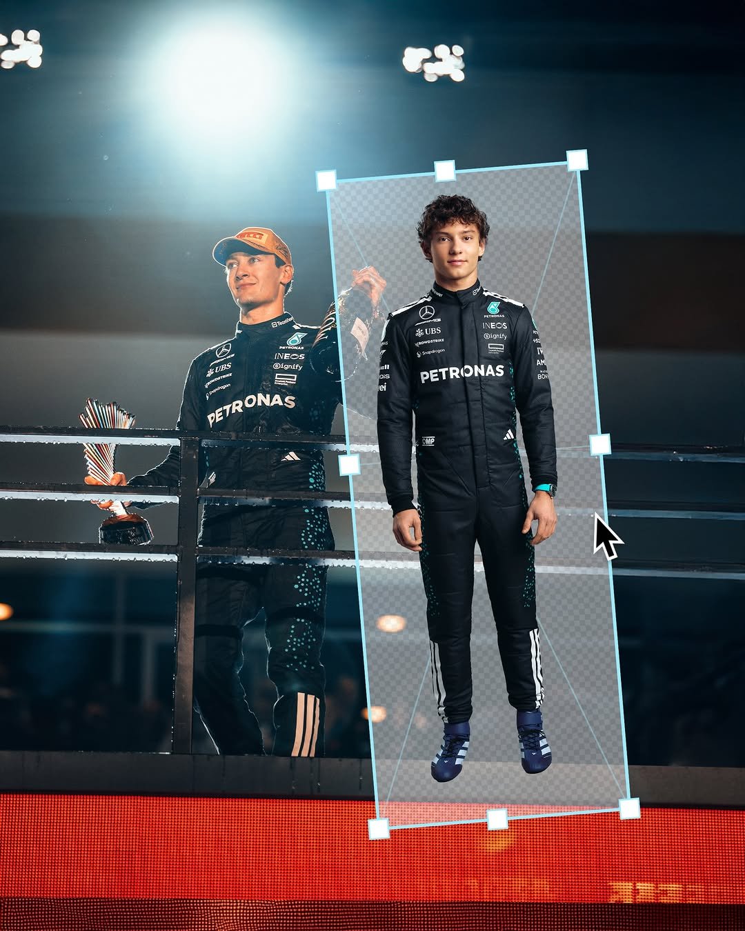 Photo shared by Mercedes-AMG PETRONAS F1 Team on November 24, 2025 tagging @georgerussell63, and @kimi.antonelli. May be an image of ‎racing vehicles and ‎text that says '‎و مه ብር! H1BN 2185 TPIS I-EOS መዳዎነነ R4PY RW 토 노커니 PETRONAS PETR ONAS PETRIONAS เืด 11 理 A‎'‎‎.
