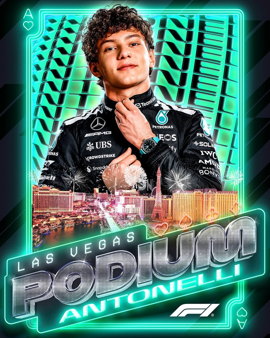 Photo shared by FORMULA 1® on November 23, 2025 tagging @mercedesamgf1, and @kimi.antonelli. May be an image of poster, magazine and text.