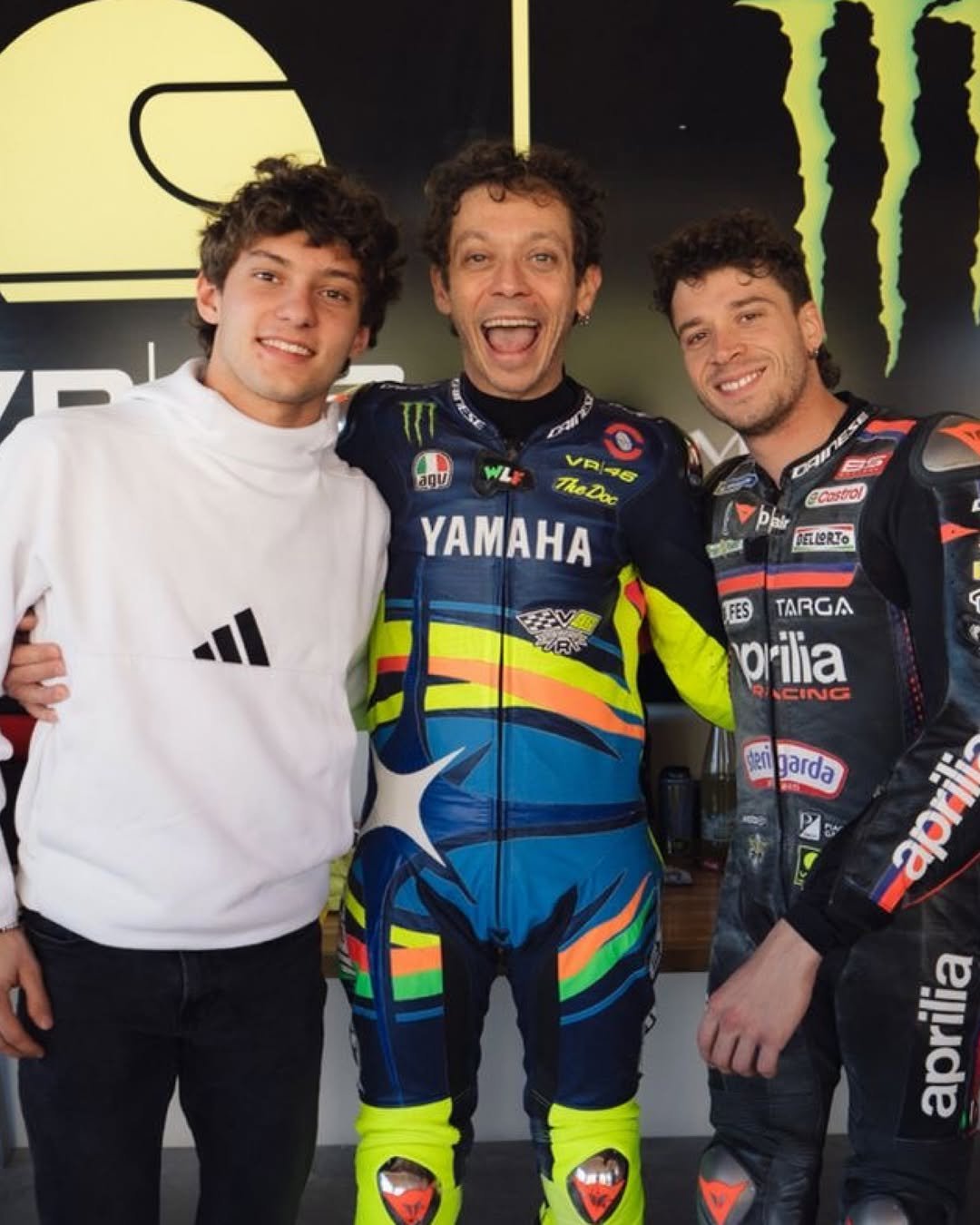 Photo shared by Andrea Kimi Antonelli on April 05, 2026 tagging @valeyellow46, and @marcobez72. May be an image of racing vehicles, motorcycle, helmet and text that says 'agu WL TheDoc VR46 46 YAMAHA Cossrol) হল DELERTO TARGA TARGA prilia ICING ដនរាំ ล aprili garda aprilia'.