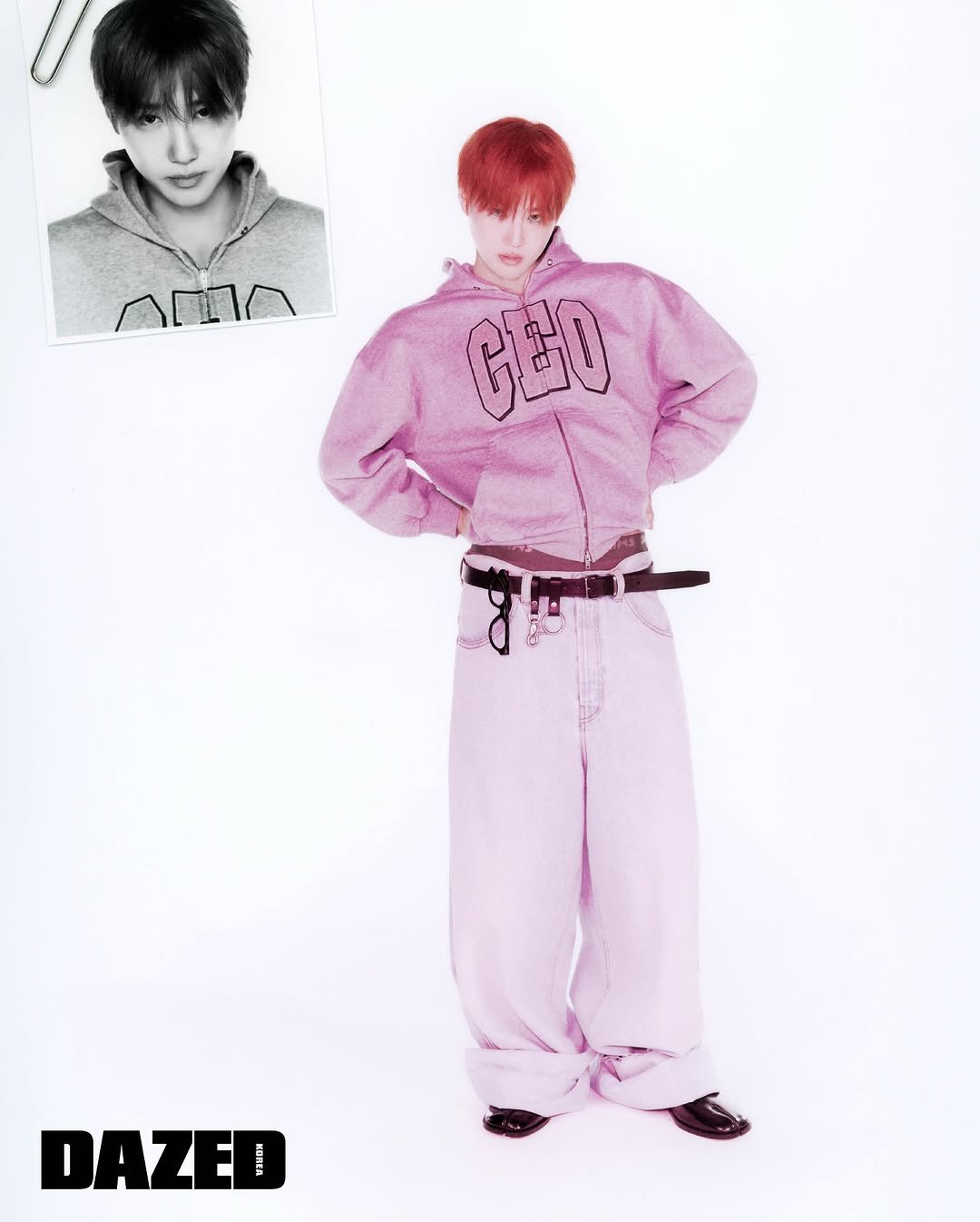 Photo shared by EXO Official on October 23, 2025 tagging @kimjuncotton. May be an image of one or more people, bangs, magazine, poster, bolo tie and text that says 'AMA GEO DAZED'.