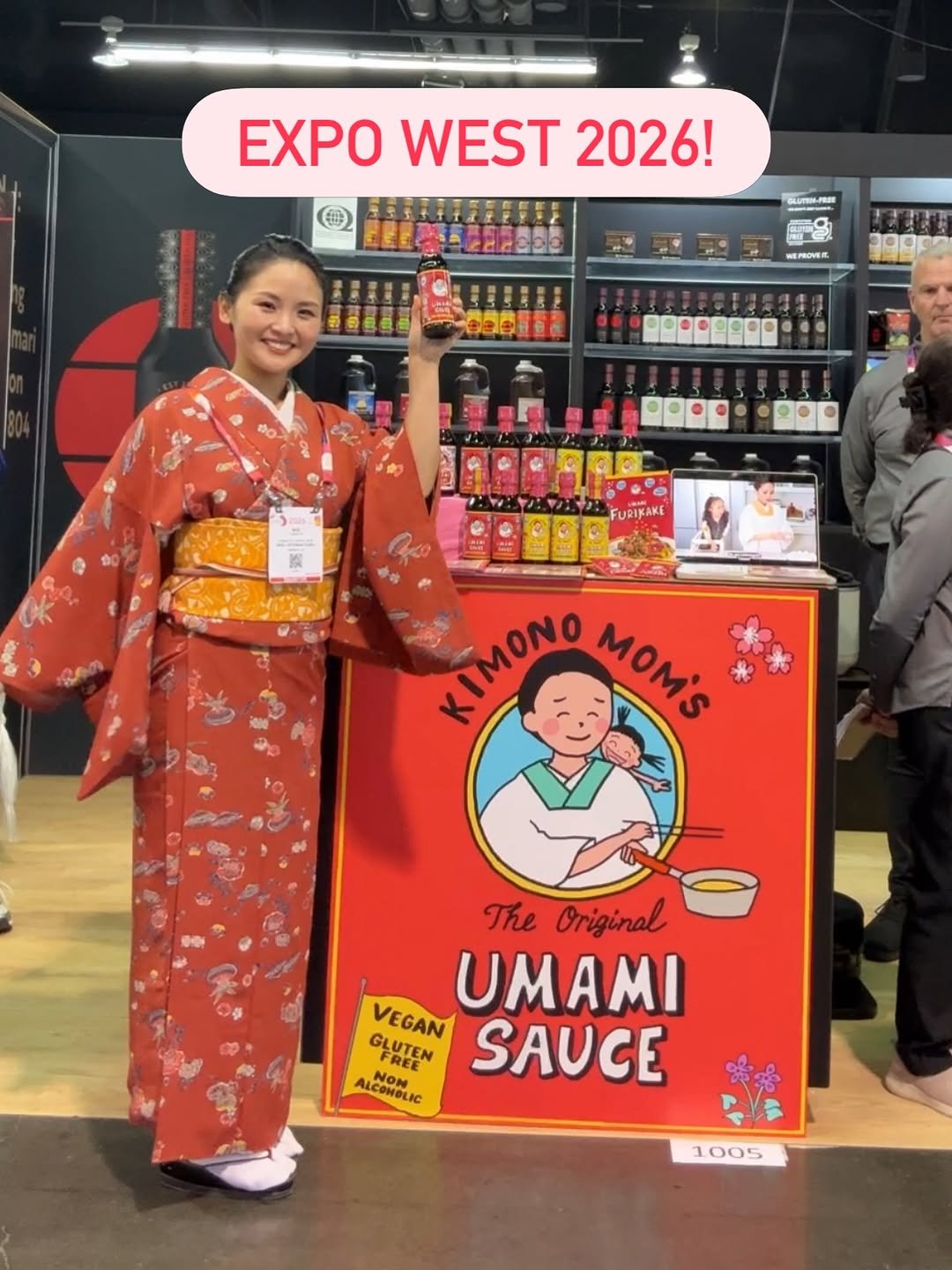 Photo shared by UMAMI SAUCE™︎ on March 04, 2026 tagging @kimono_mom, and @umami_kimonomom. May be an image of soy sauce, condiment and text that says '番） EXPOWEST2026! EXPO WEST 2026! GLUTIN-PRE NEPRONER 3ogpr たっき中者産 00၀၀99၀၀ FURIKAKE KIMONO LIMONO MOM'S MOMiS The Original UMAMI VEGAN SAUCE GLUTEN 아니스~ REE ALCONOLIC ANON 1005'.