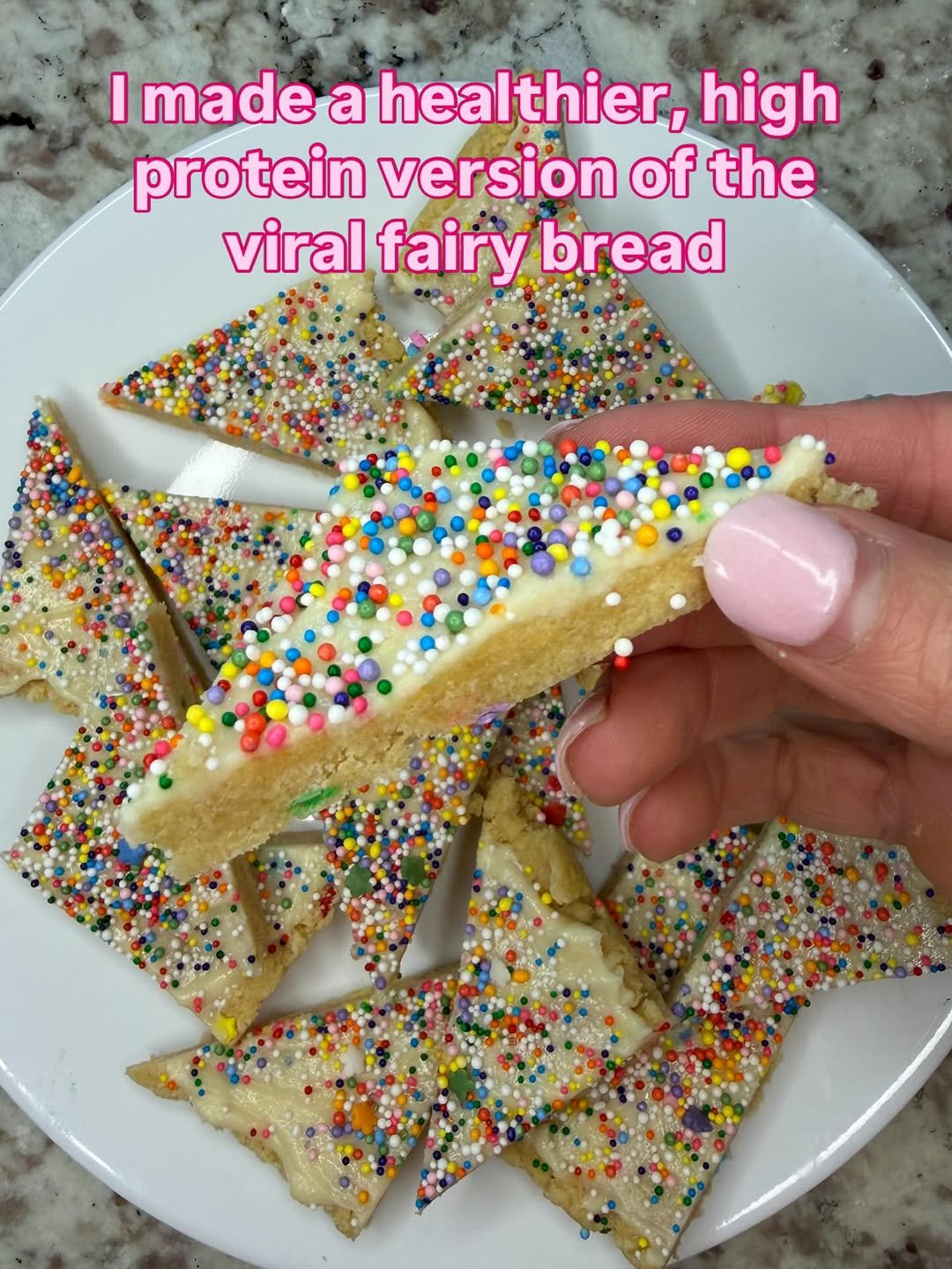Photo by Kim DeKrey on March 25, 2026. May be an image of toast and text that says 'I made ahealthier, high protein version of the viral fairy bread な'.