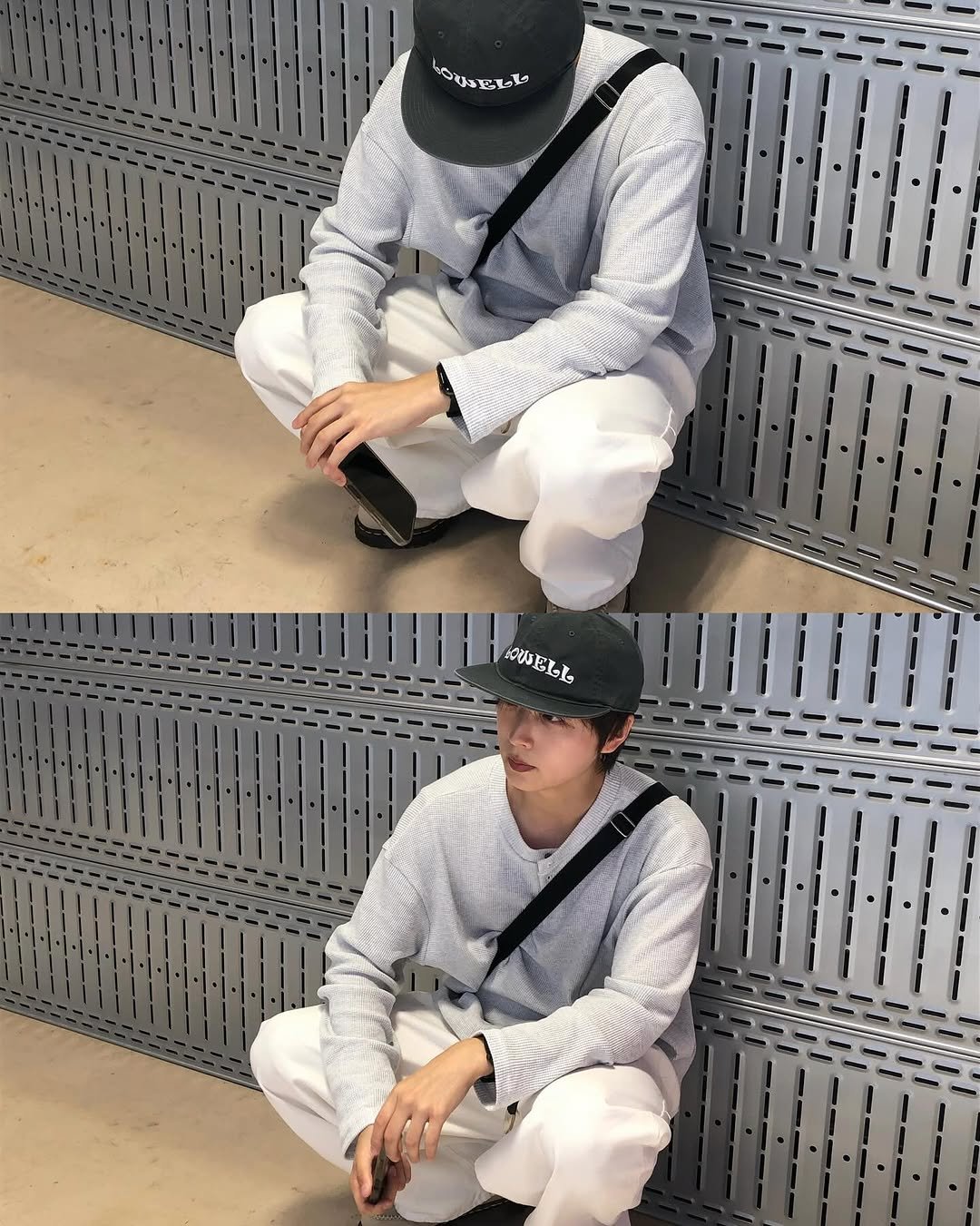 Photo shared by 정 한 on September 18, 2025 tagging @drmartenskr, and @empty.seoul.kr. May be an image of 2 people, hat, sweatpants and text.