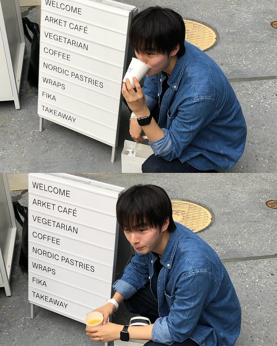 Photo shared by 정 한 on September 06, 2025 tagging @arketofficial. May be an image of 2 people, cigarette, cornflower and text that says 'WELCOME ARKET CAFÉ VEGETARIAN COFFEE NORDIC WRAPS PASTRIES PASTRIES FIKA TAKEAWAY TAKEAWAY รน้ำมนกล WELCOME NELCOME ARKETCAFÉ ARKET CAFÉ VEGETARIAN COFFEE NORDIC WRAPS PASTRIES FIKA TAKEAWAY TAKEAWAY'.