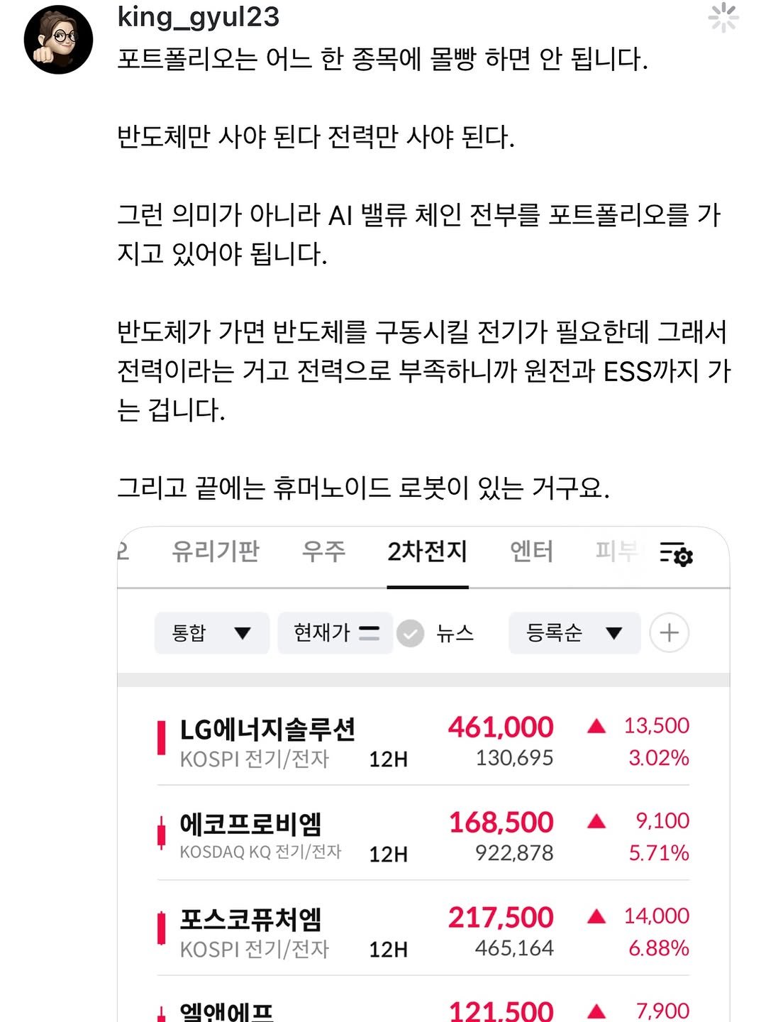 Photo by 왕귤의 투자노트 on October 23, 2025. May be a Twitter screenshot of text that says 'king_gyul23 king_ 포트폴리오는 어느 한 종목에 몰빵 하면 안 됩니다. 반도체만 사야 된다 전력만 사야 된다. 그런 의미가 아니라 AI 밸류 체인 전부를 포트폴리오를 가 지고 있어야 됩니다. 반도체가 가면 반도체를 구동시킬 전기가 필요한데 그래서 전력이라는 거고 전력으로 부족하니까 원전과 ESS까지 가 는 겁니다. 그리고 끝에는 휴머노이드 로봇이 있는 거구요. 2 유리기판 우주 2차전지 엔터 통합 피부 현재가 뉴스 등록순 + I KOSPI 전기\/전자 전기 LG에너지솔루션 12H 461,000 130,695 13,500 3.02% 에코프로비엠 KOSDAQ 전기/전자 168.500 12H 922,878 9,100 5.71% 포스코퓨처엠 KOSPI 전기/전자 전기/ 12H 217,500 465,164 ભ 14,000 6.88% 121500 7.900'.