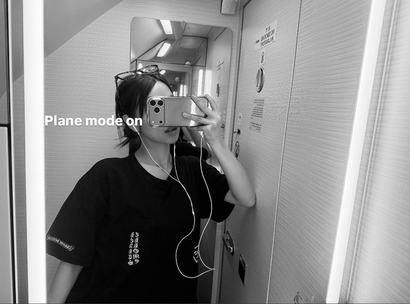 Photo by KISS OF LIFE on February 16, 2026. May be a black-and-white image of phone, mirror and text.