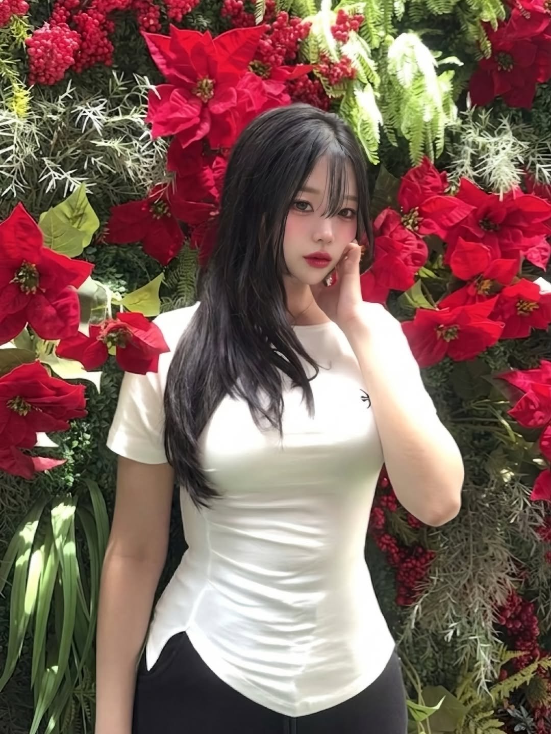 kitschnkiss 게시물 이미지: 빨간 꽃 배경 앞에서 화이트 조합은 말모🫪 ❤️🤍

요즘은 화려한 옷보다 이렇게...
